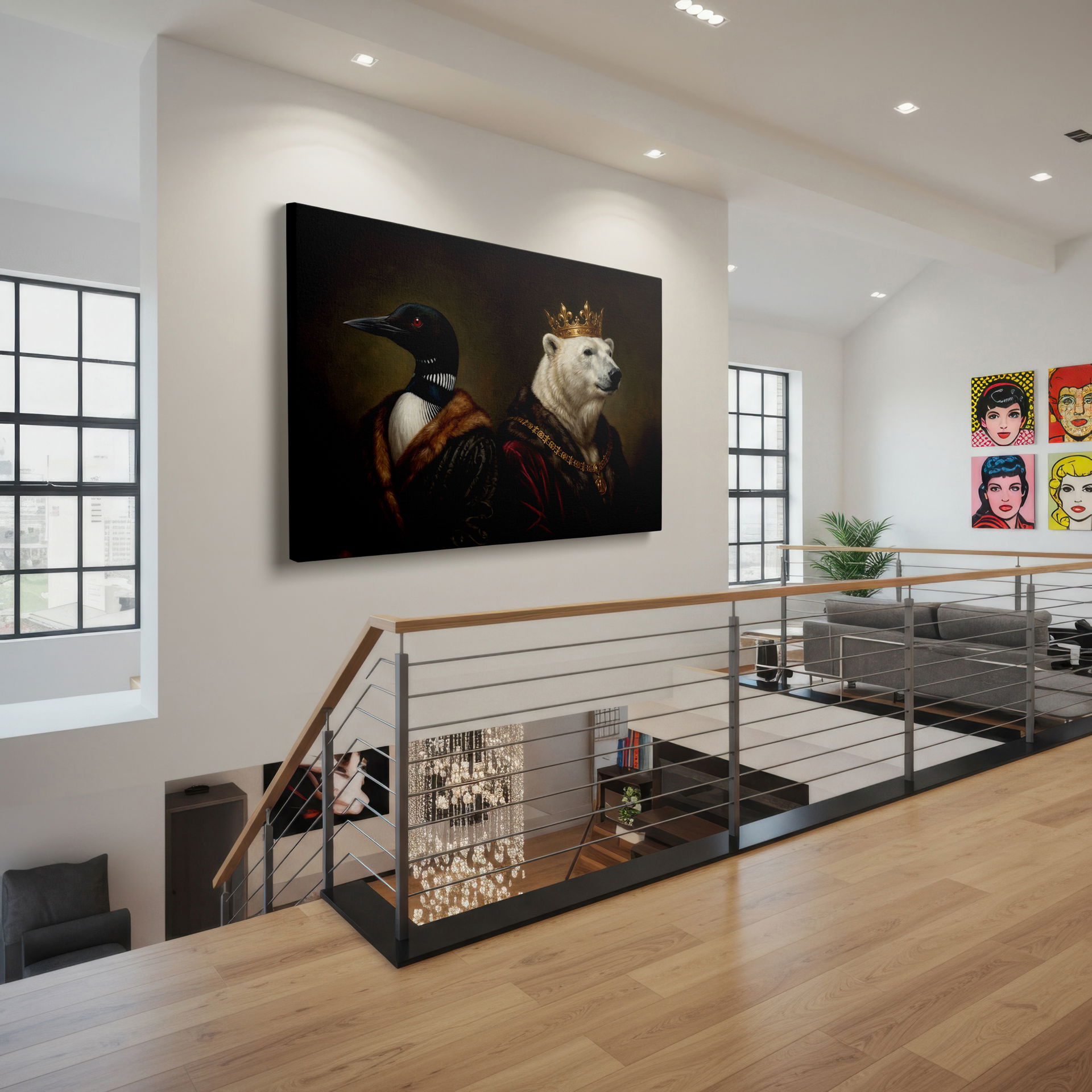 Regal loon with a richly textured coat next to a bejeweled polar bear, striking canvas wall art and home wall decor.