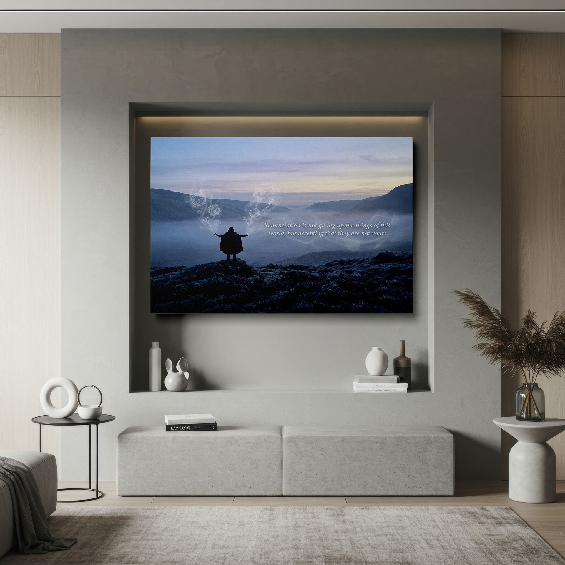 The image features a landscape with a figure surrounded by misty mountains and clock symbols. Add this to your Wrapped Canvas collection.