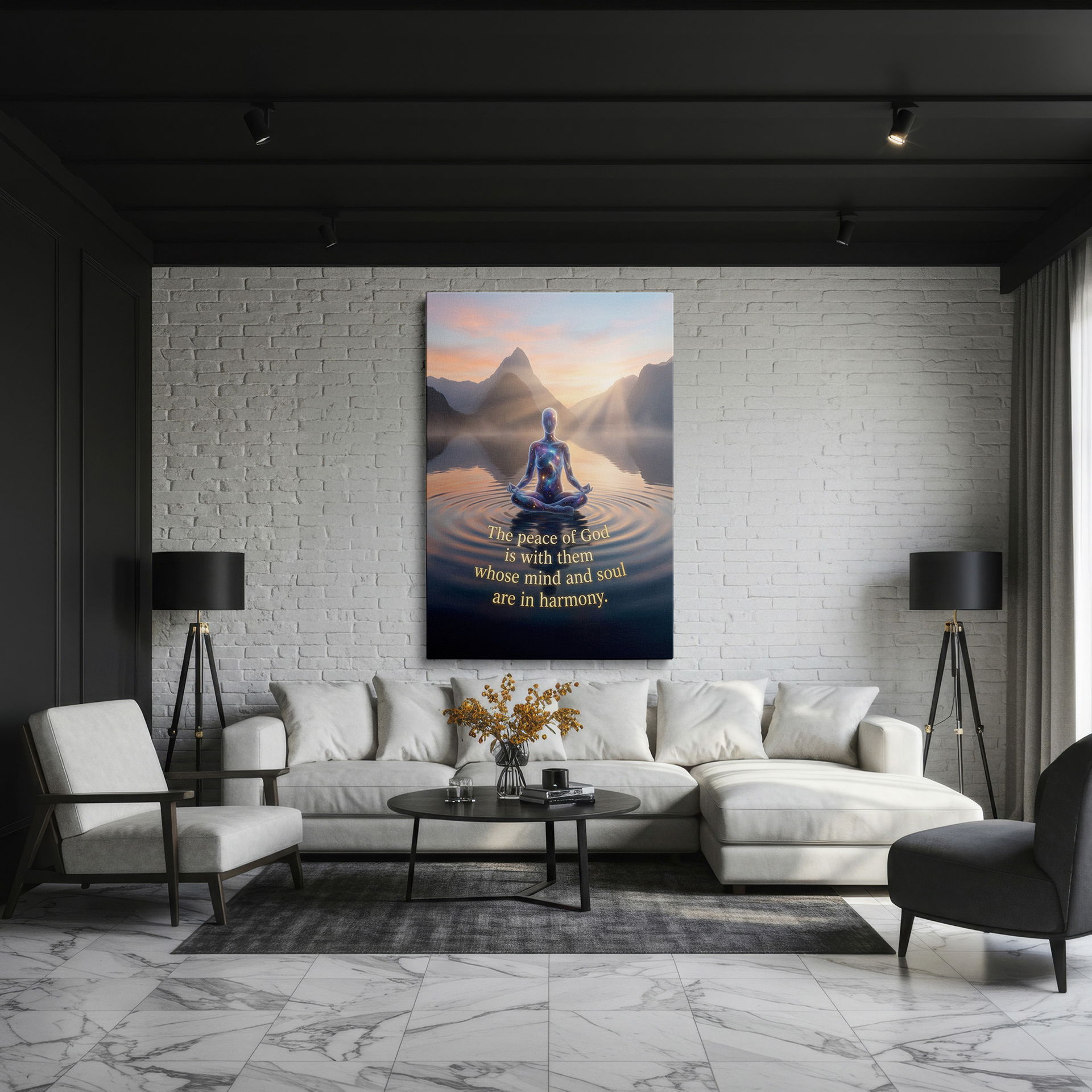 Peaceful figure meditating on water, a Wrapped Canvas creating a serene atmosphere in your home.