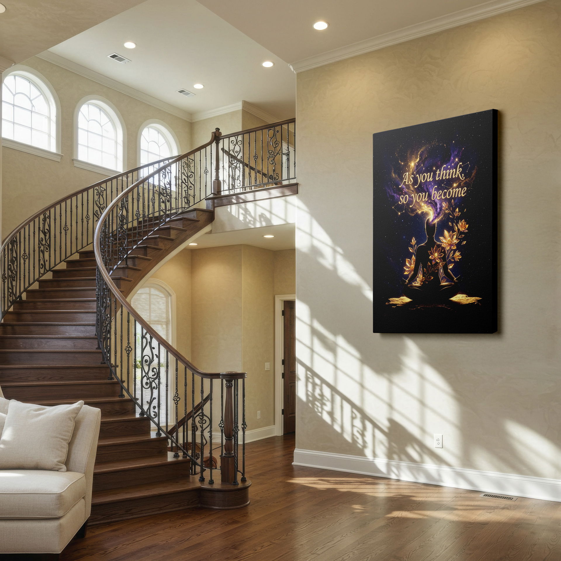 Cosmic art wrapped canvas featuring a meditating figure amidst stars and galaxies.