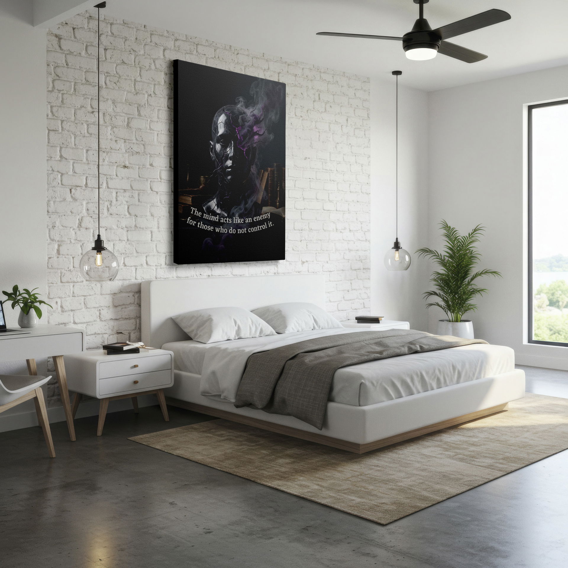 This abstract wall art depicts a broken bust enveloped in swirling smoke, a compelling example of modern wall decor.