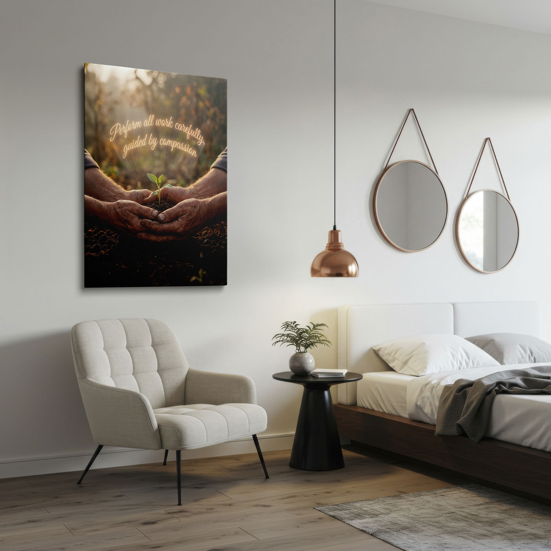 Close-up of weathered hands gently planting a seedling, embodying compassion, inspiring wall art for home decor.