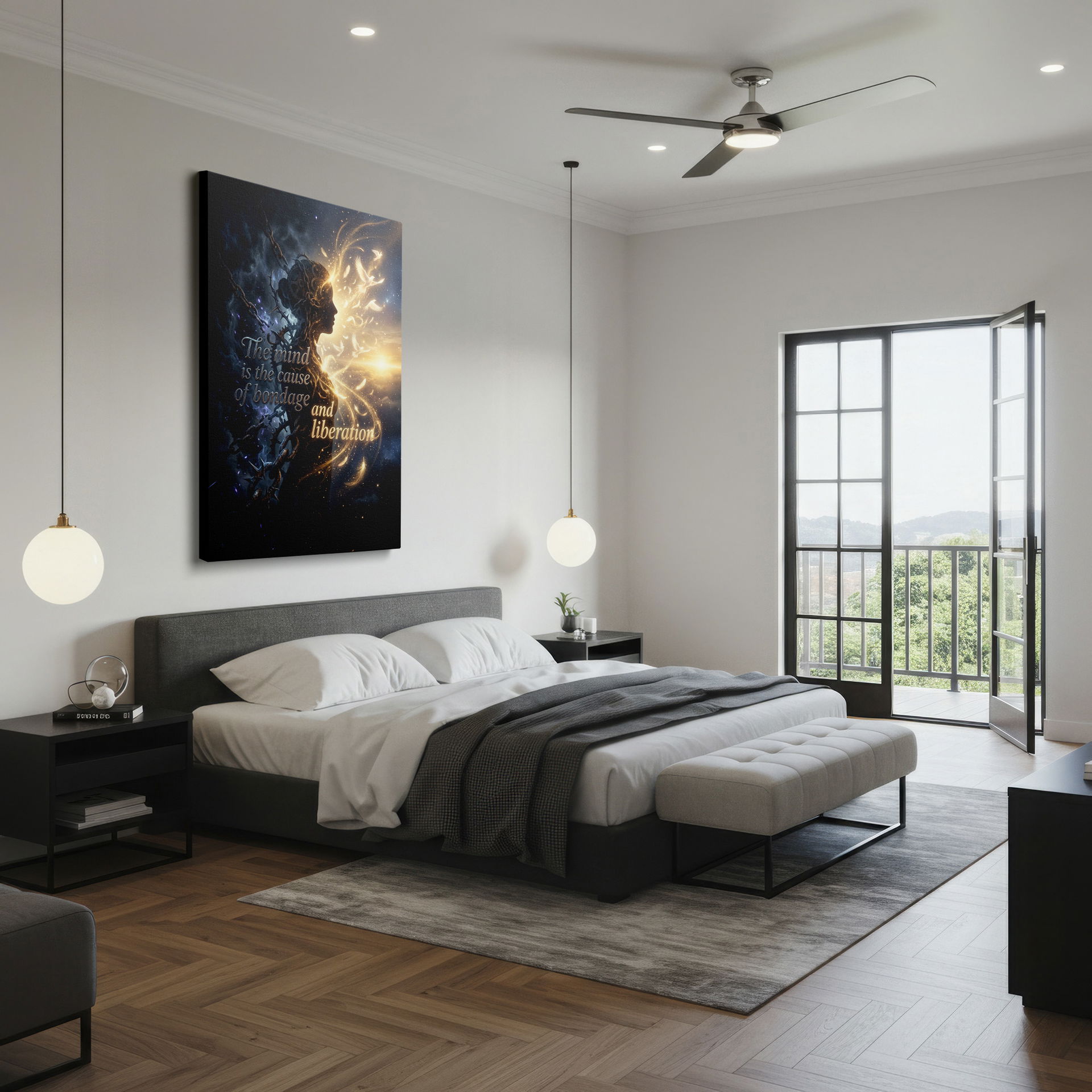 Contemplative wall art showing the phrase 'The mind is the cause of bondage and liberation', unique wall decor.