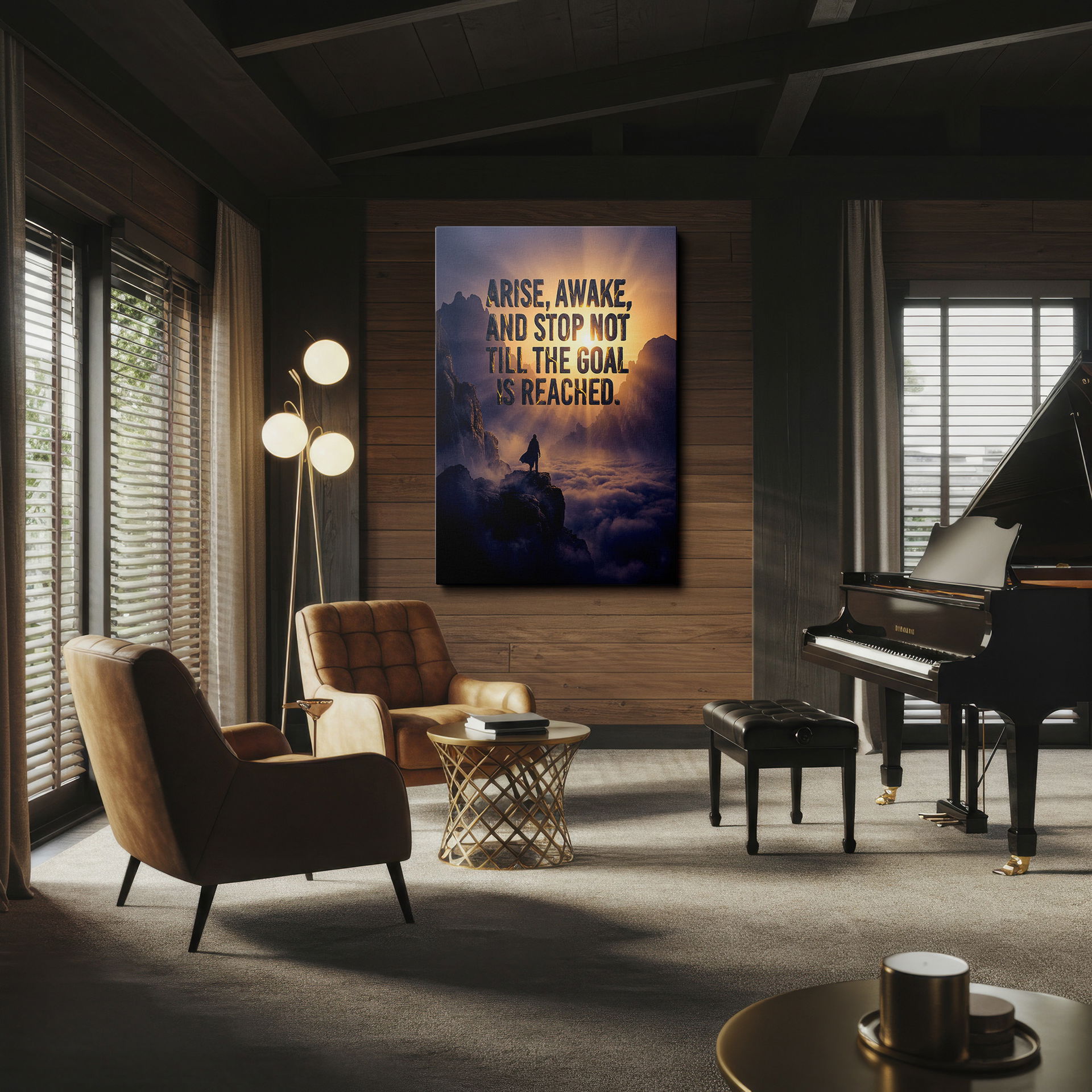Motivational wall art featuring a figure on a peak and an 'Arise, Awake' message for your wall decor.