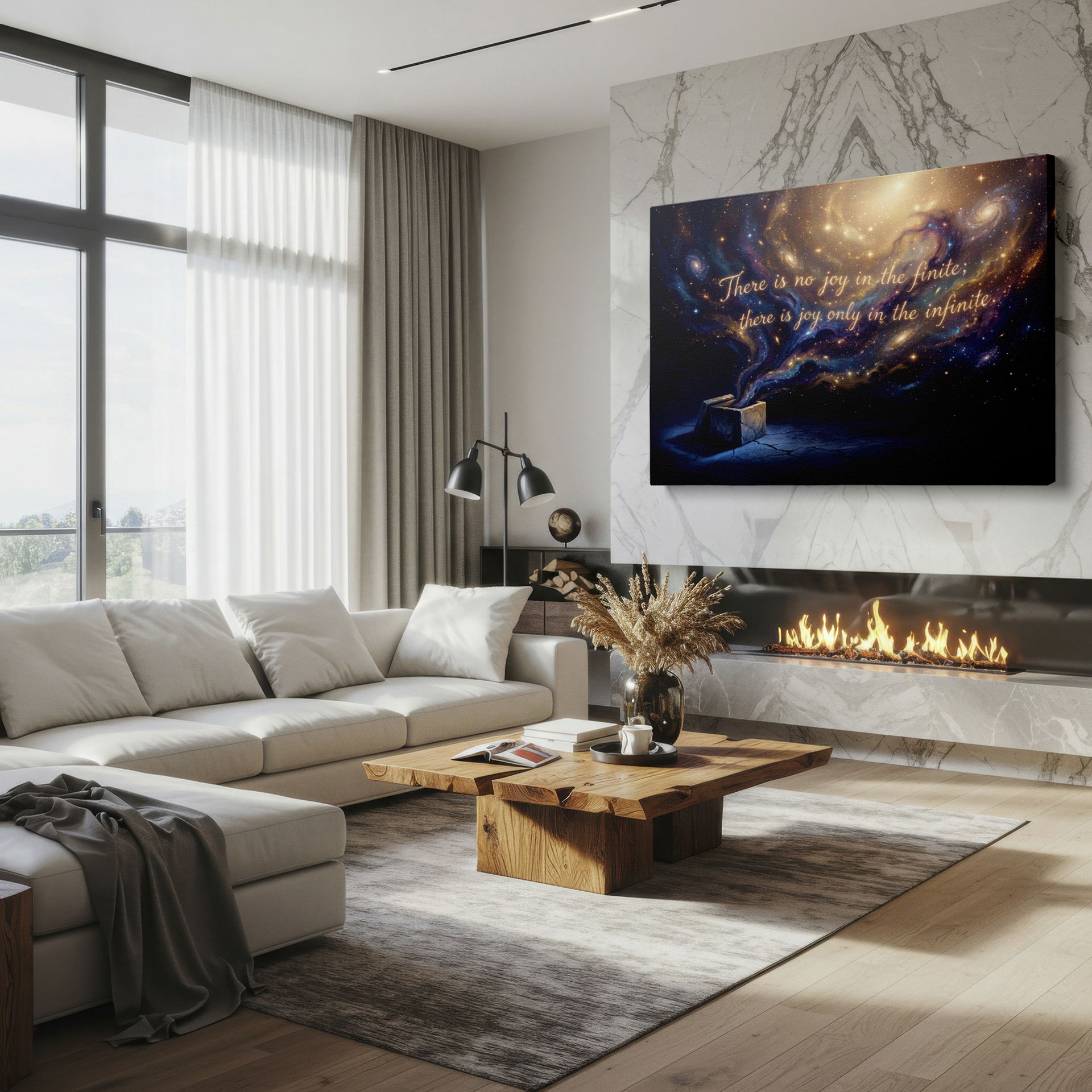 Unique galaxy-themed Wrapped Canvas art with an uplifting quote about infinite joy.