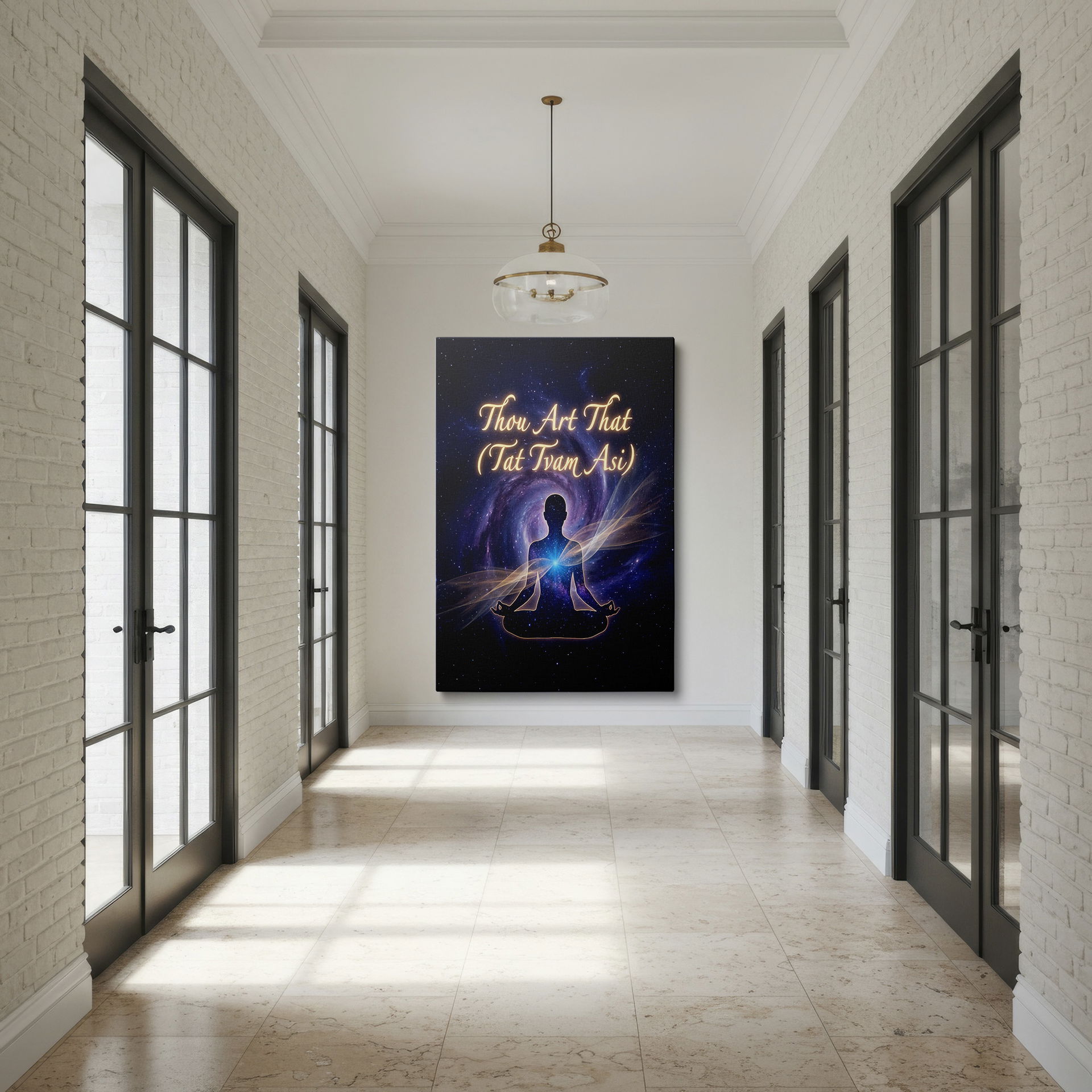 Serene Wrapped Canvas featuring a meditative figure against a cosmic 'Thou Art That' scene.