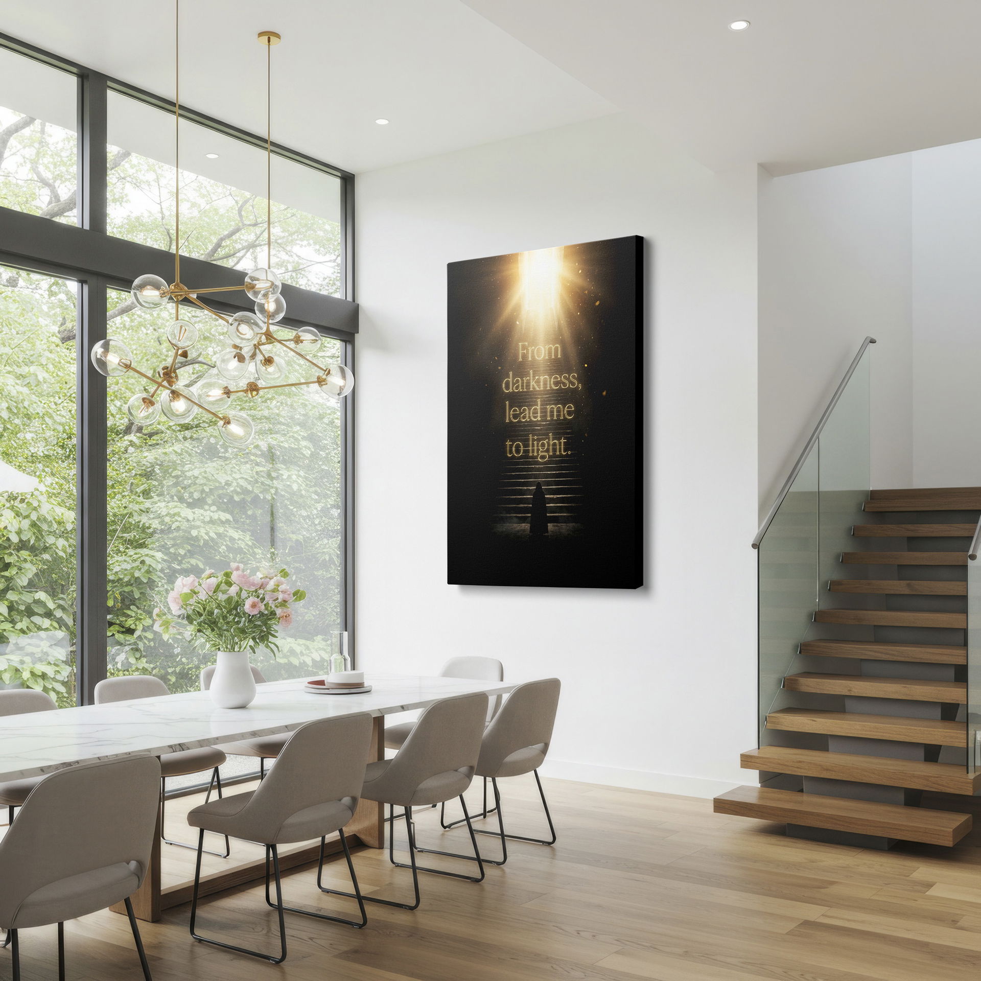 This canvas wall art depicts a figure climbing stairs to a bright light, symbolizing hope and guidance.