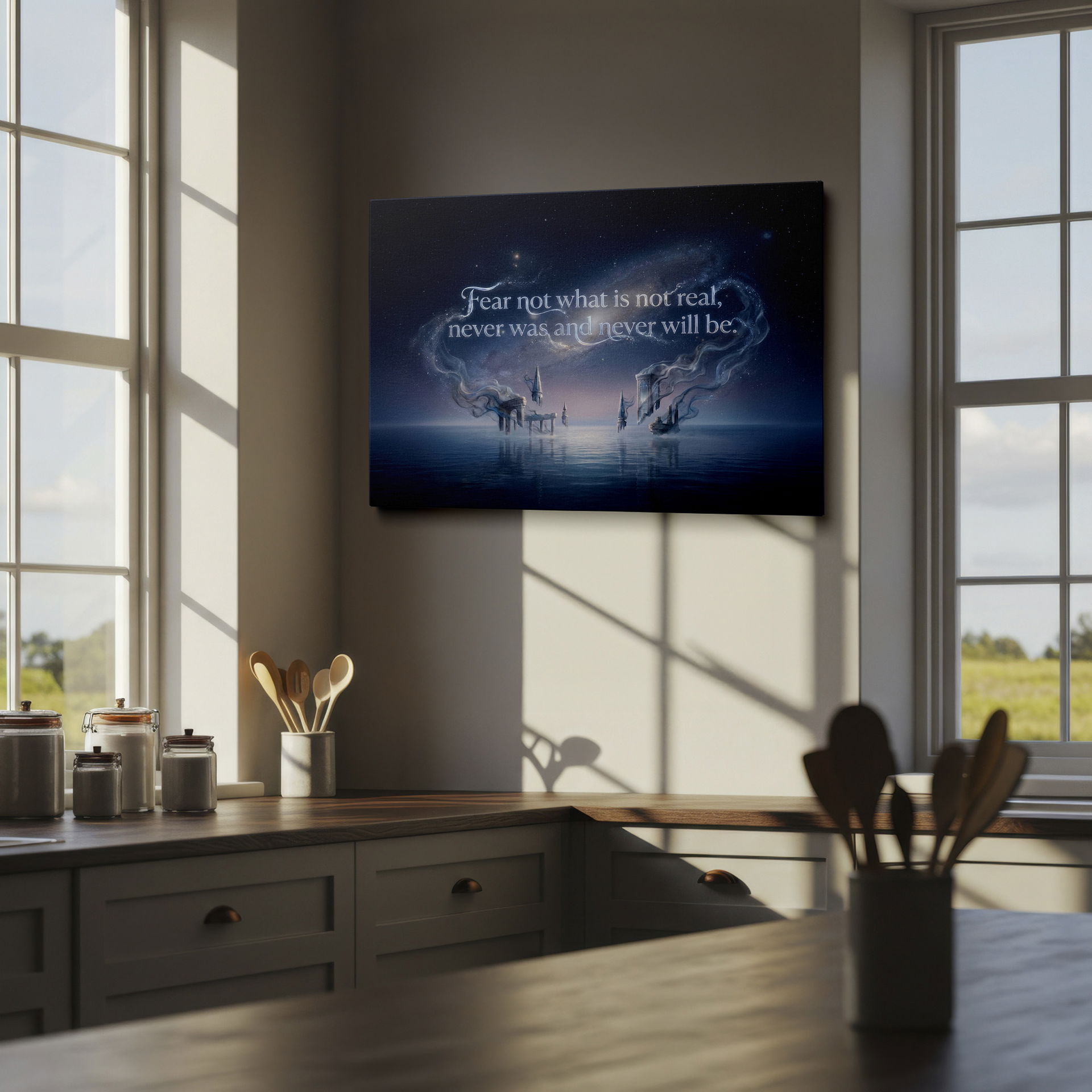 Fantasy landscape wall art with ethereal architecture on calm water under a starry sky. Motivational quote for wall decor.