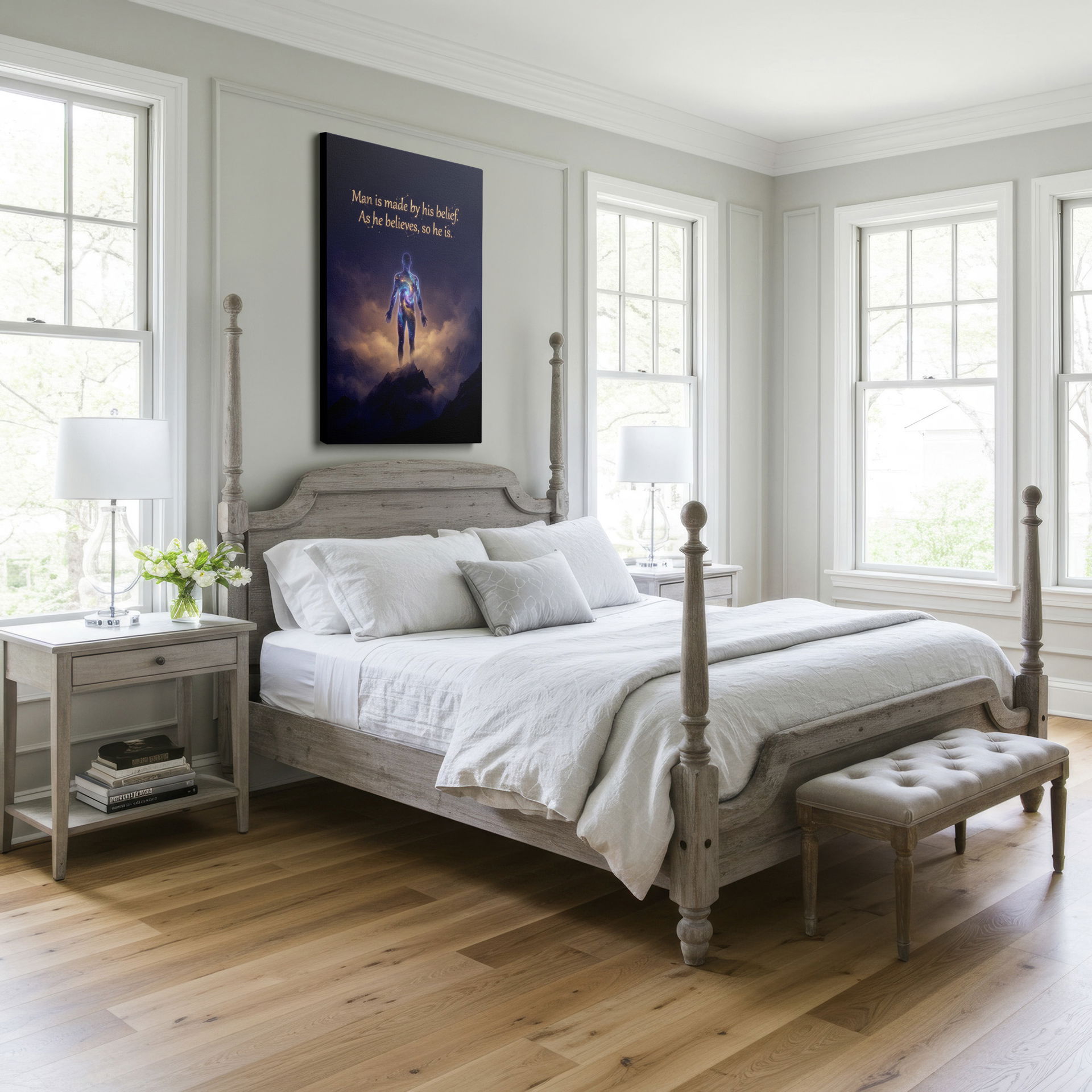 Inspiring wall art: Cosmic figure stands on a mountain, quote 'Man is made by his belief,' enhances home decor.