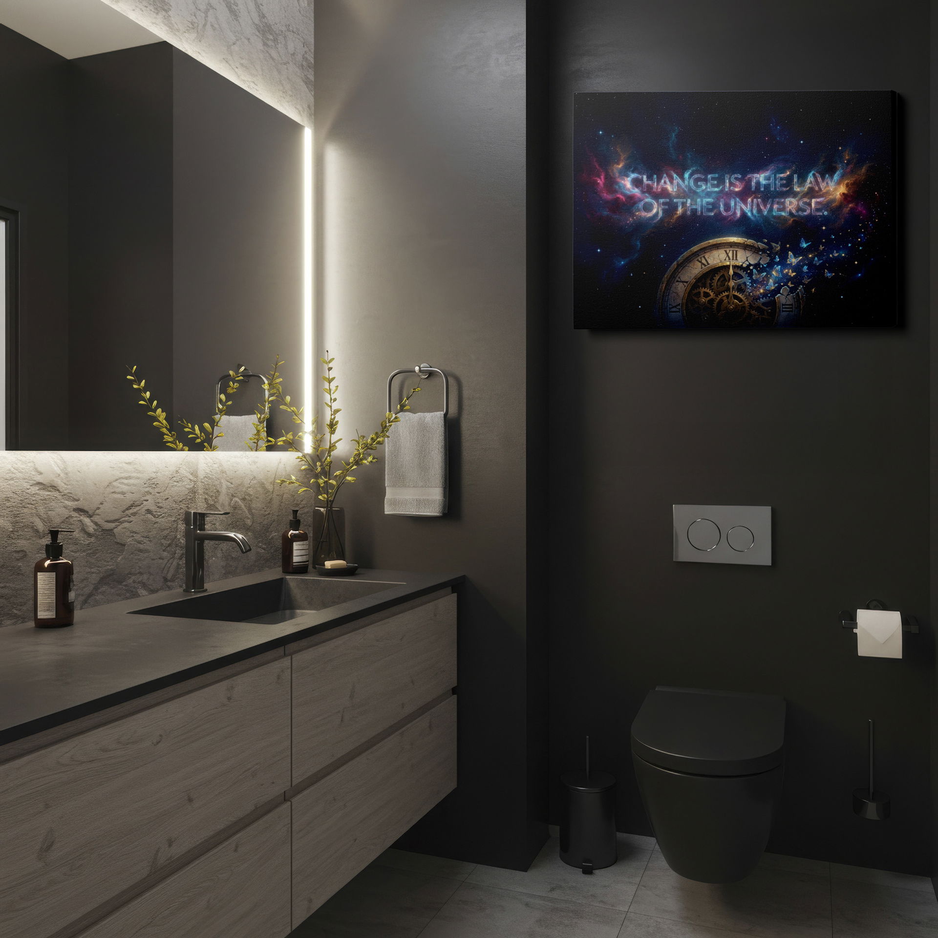 A surreal painting shows a broken clock with butterflies and the inscription 'Change is the Law' as Wrapped Canvas.