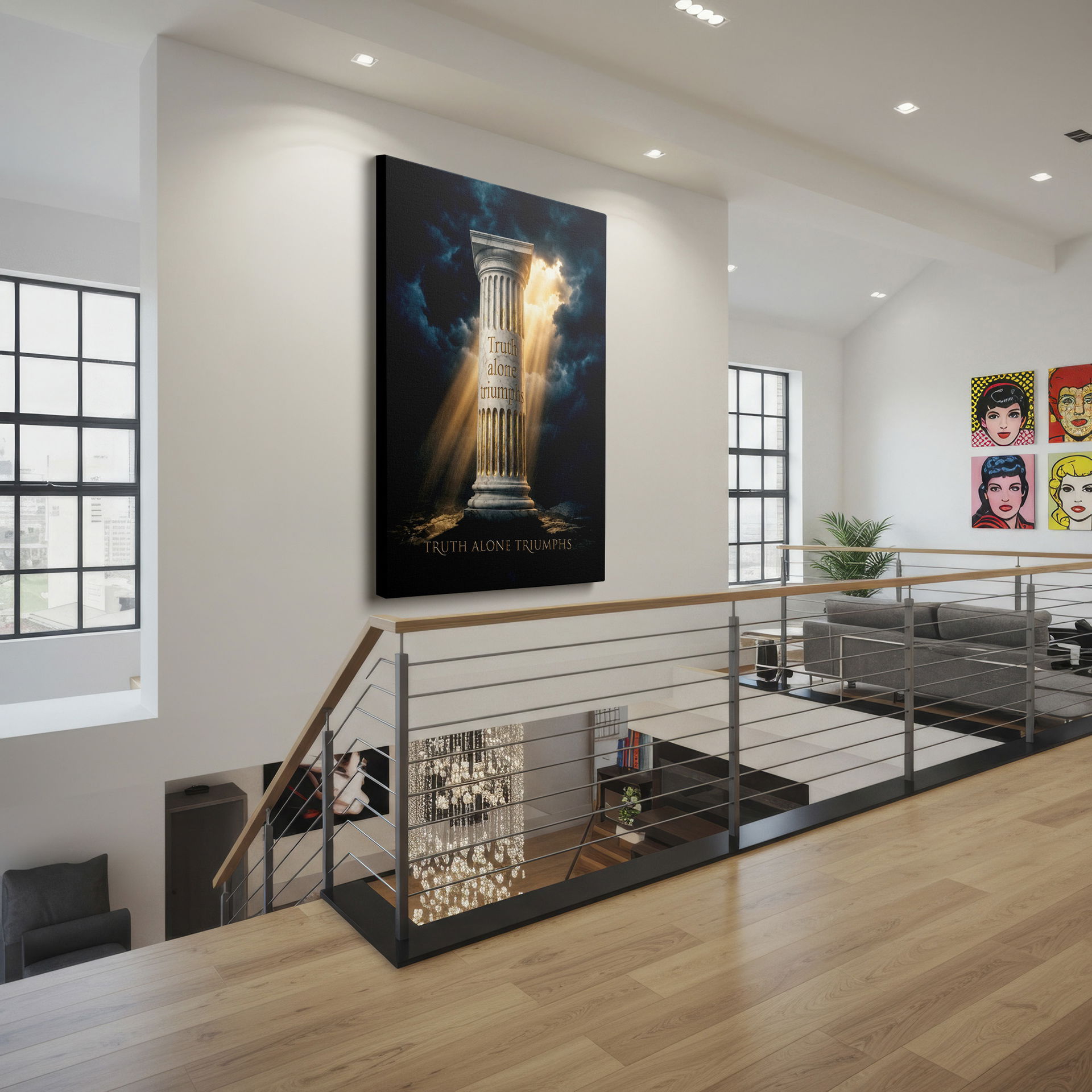 Wrapped Canvas: Classical pillar with golden inscription catches light amidst dark clouds.