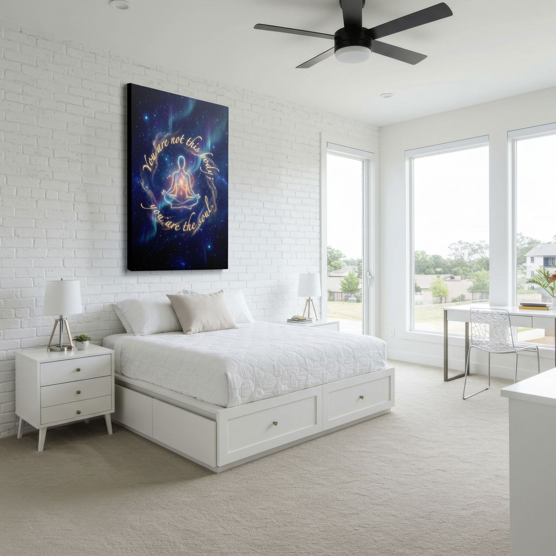 Abstract celestial figure with quote 'You are not this body', spiritual wall decor.
