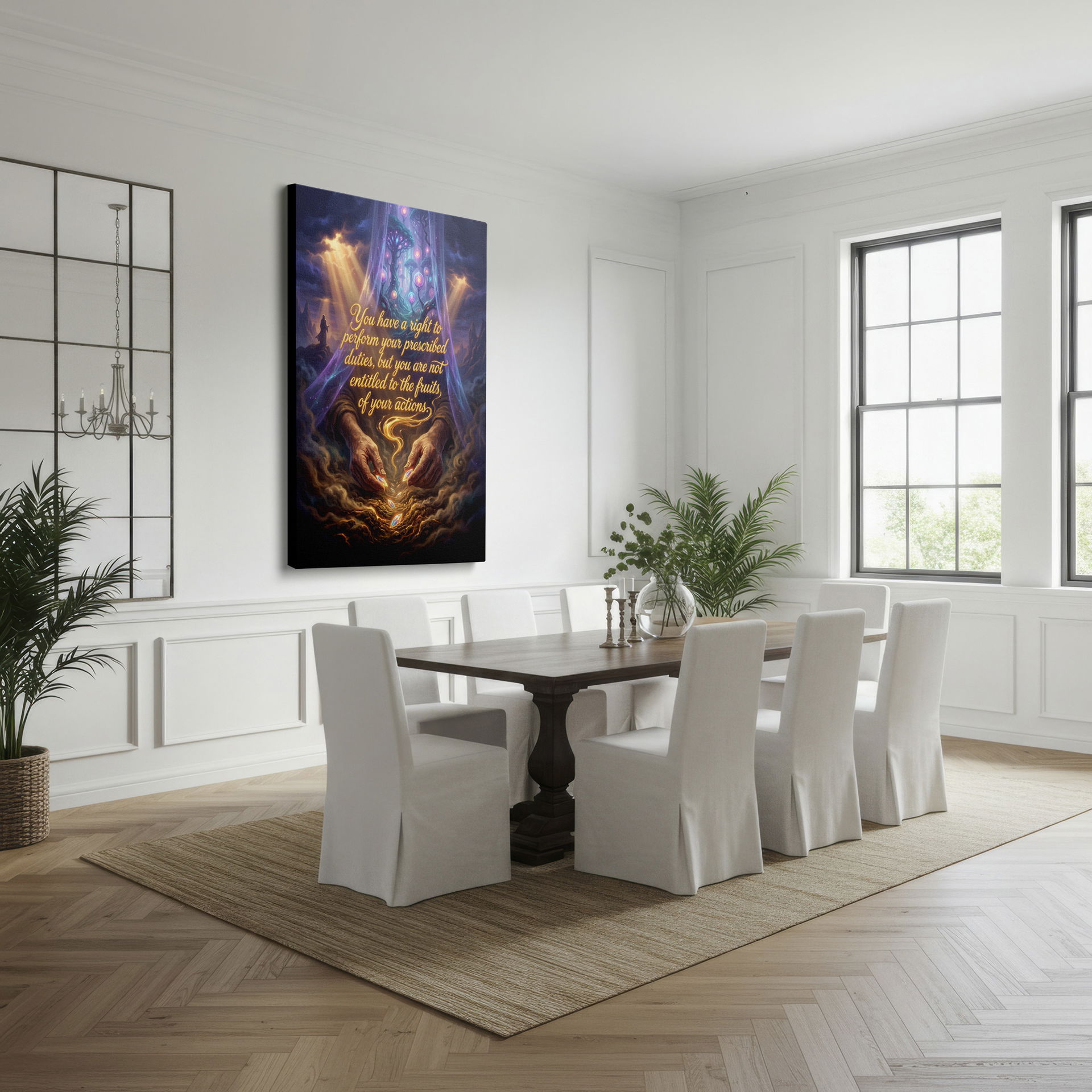 Ethereal Wrapped Canvas print with glowing orbs, hands, and an inspirational quote about detachment.