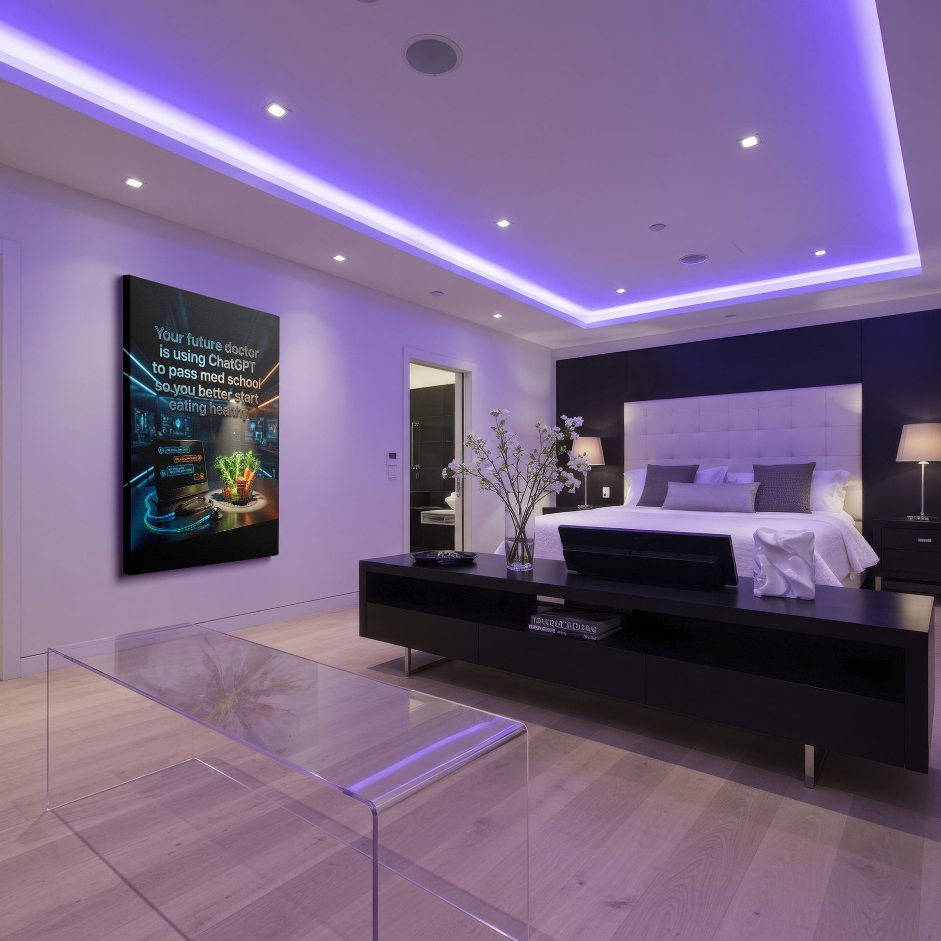 Wrapped Canvas featuring a digital display showing AI passing medical exams, next to a basket of fresh fruits.