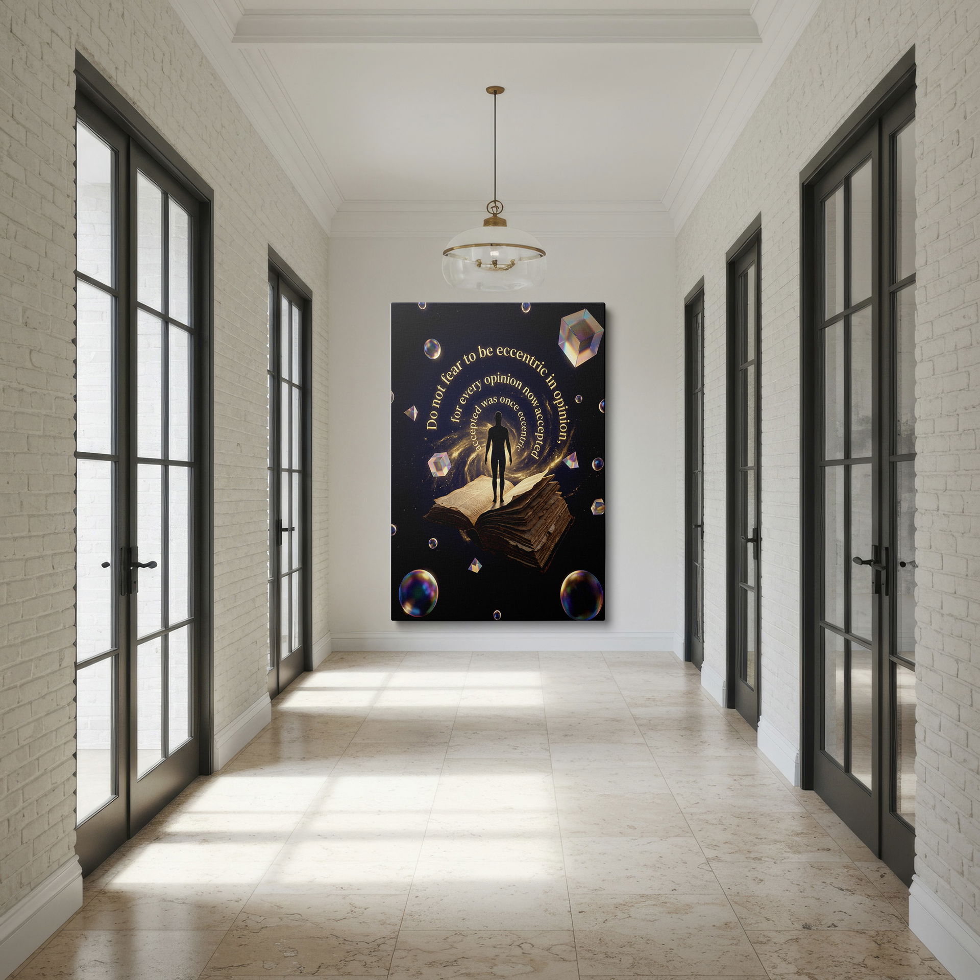 This wrapped canvas print features a figure on an open book, surrounded by celestial elements, perfect for home decor.