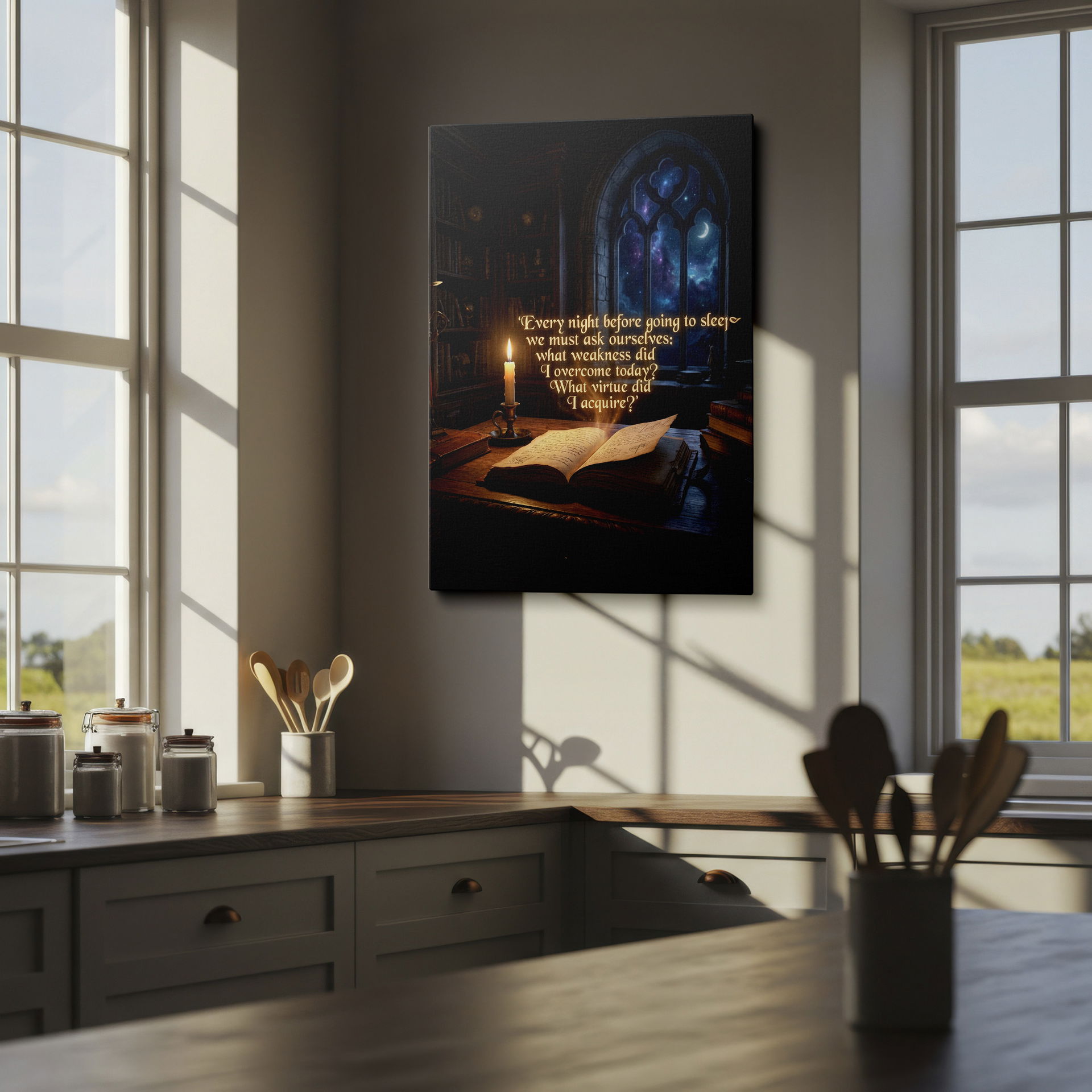 Vintage-inspired literary wall art shows an open book and a candle. Starry night outside the window. Inspires nightly reflection; great wall decor.