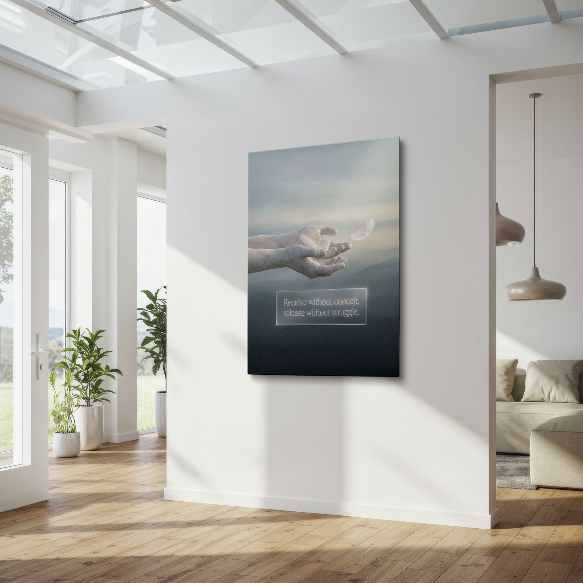 Serene image of marble hands releasing a white feather, inscribed with 'Receive without conceit, release without struggle' - perfect Wrapped Canvas.