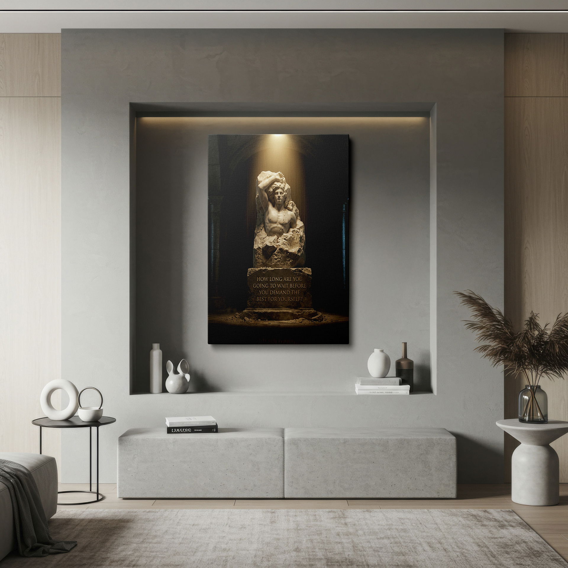 Sculpted figure wall art promoting self-improvement and ambition for your living room wall decor.