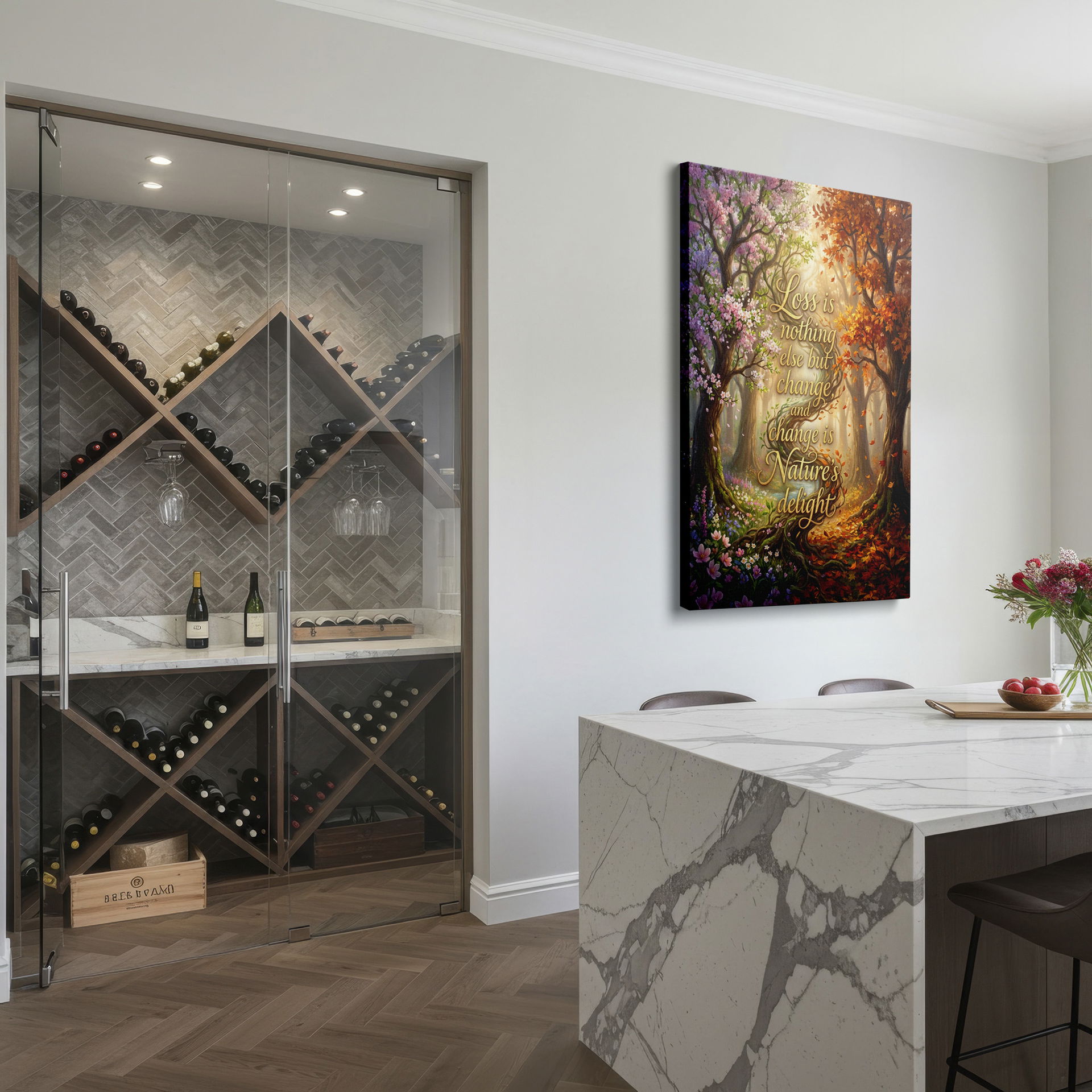 Wall decor featuring a vibrant tree landscape with blossoms and autumn leaves, highlighting seasonal transitions.