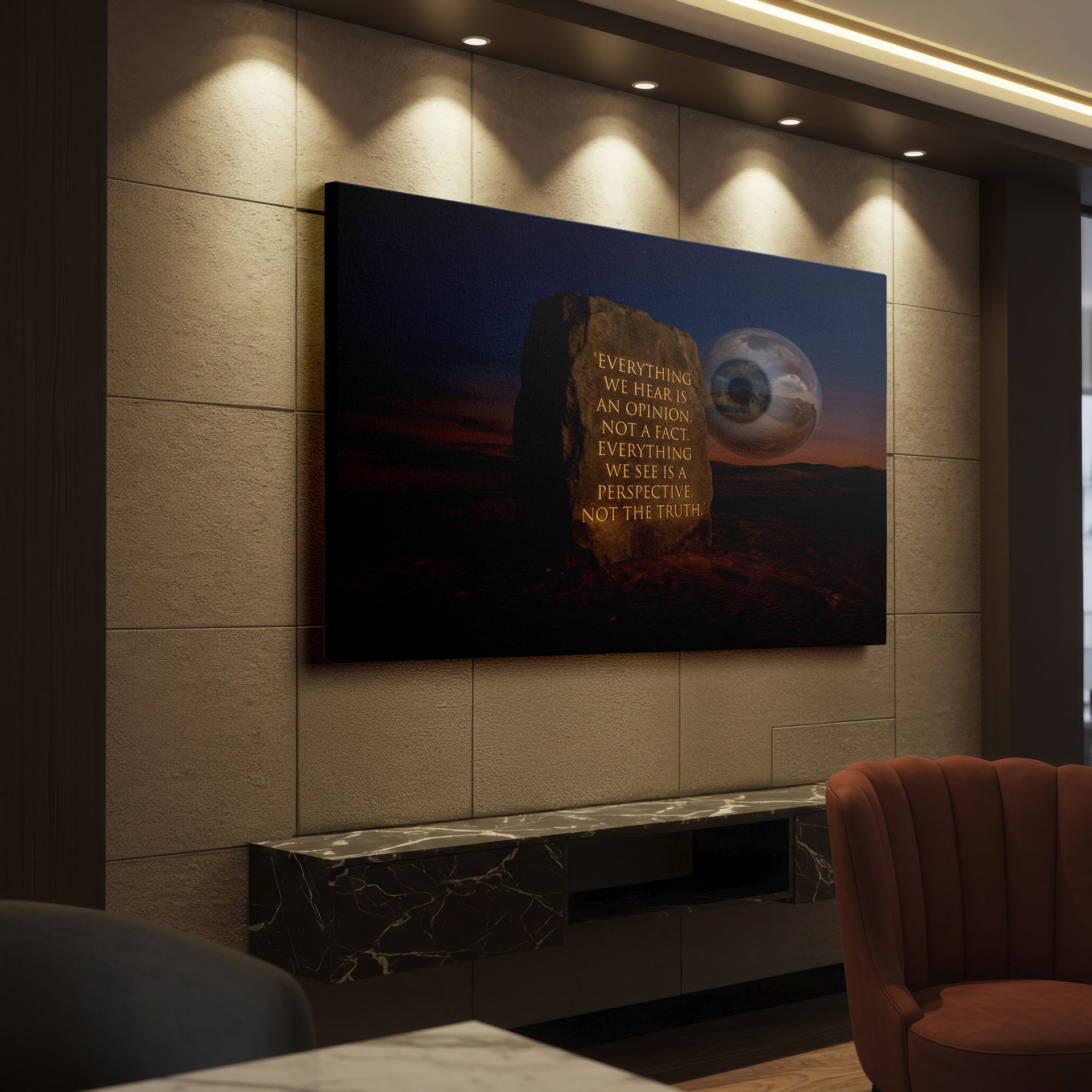 A stone with a quote next to a giant eye reflected in the desert. Consider this beautiful wall decor.