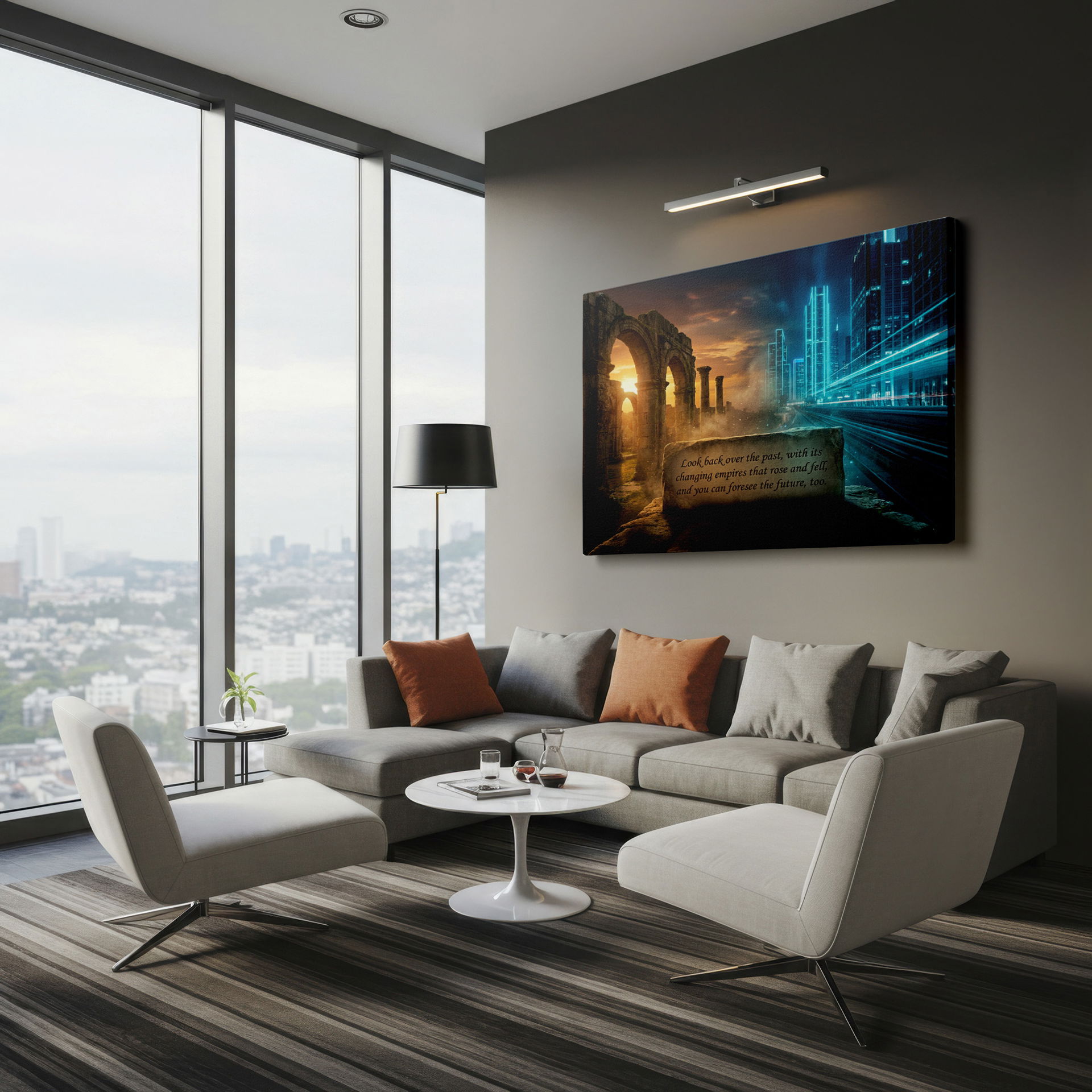 Wrapped Canvas combining ancient ruins and a bright future city with an inspirational message about history and foresight.