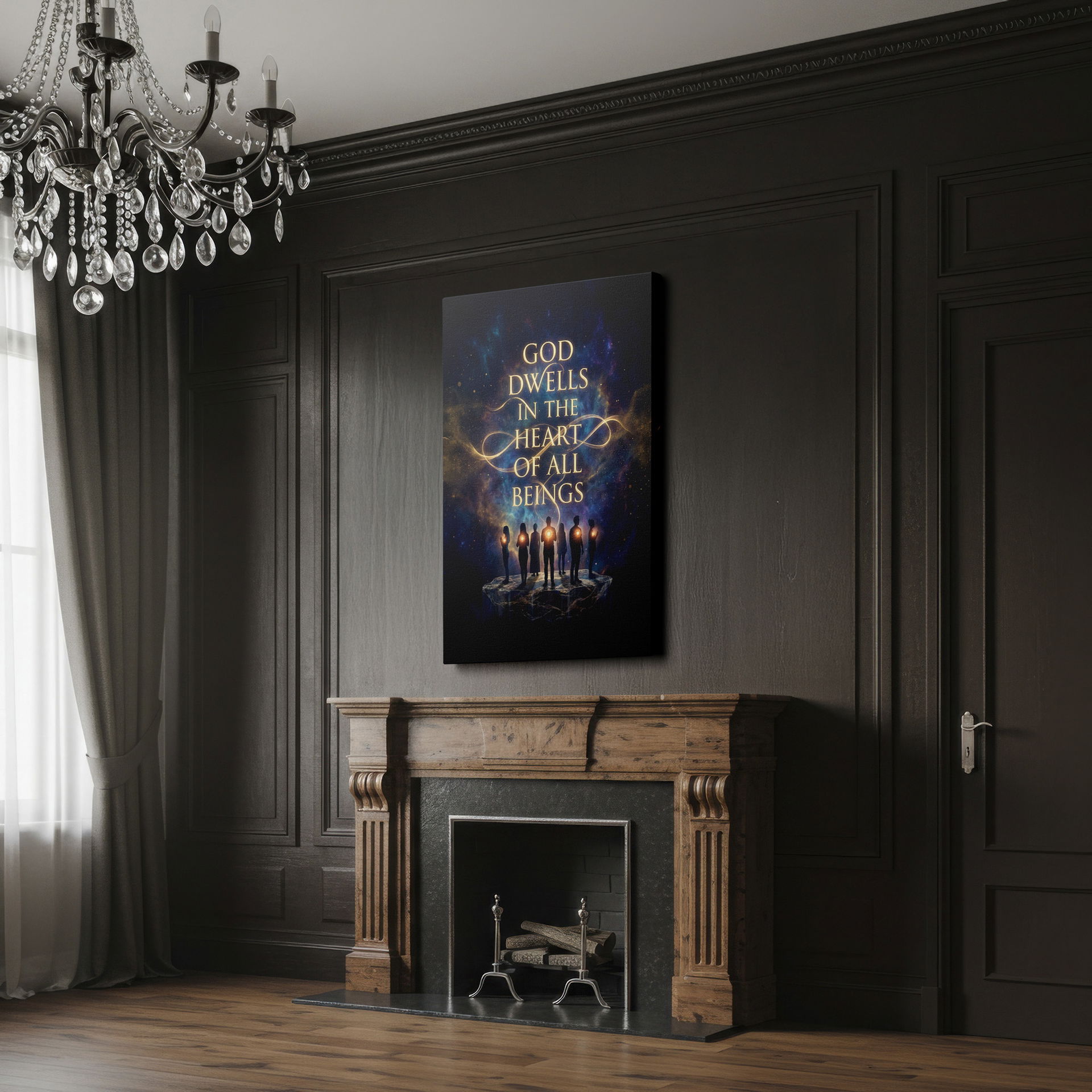 Uplifting Wrapped Canvas art with the inscription 'God Dwells in the Heart' and luminous figures against a starry sky.