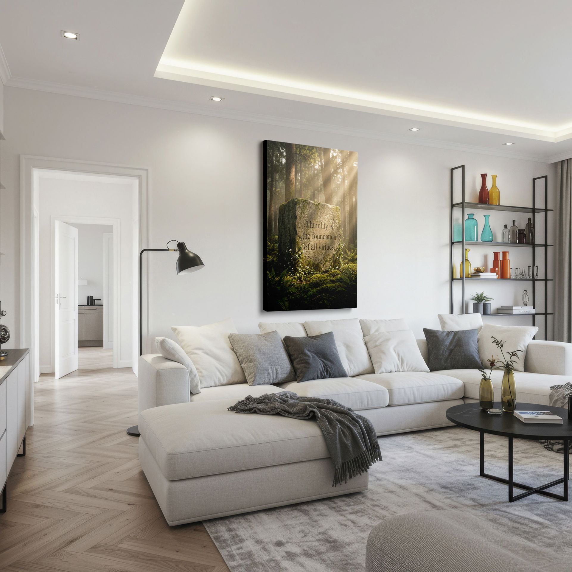 Engraved 'Humility' message on a mossy rock, a Wrapped Canvas for tranquil spaces.