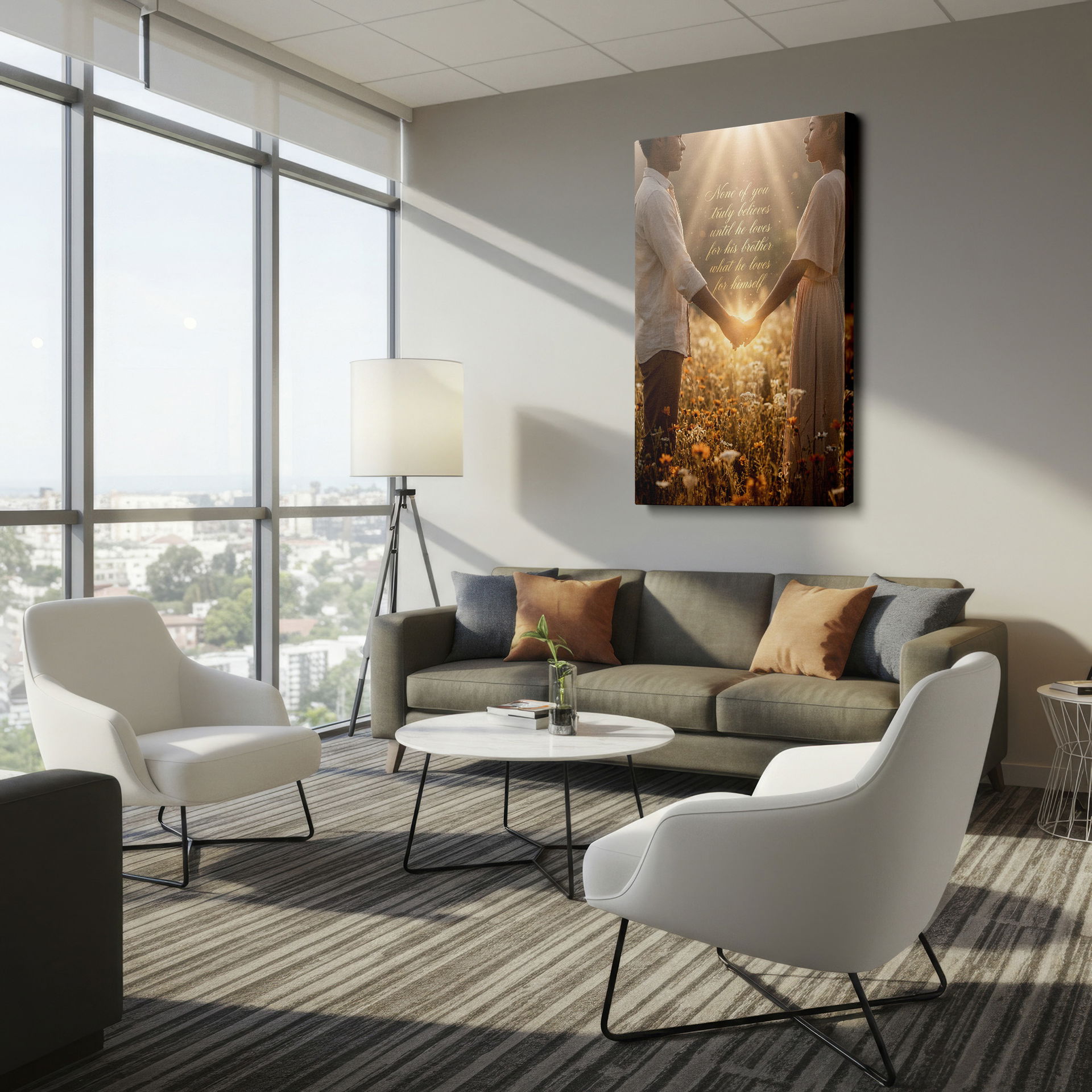Wall art depicting a tranquil scene of a couple connecting in a field of wildflowers.