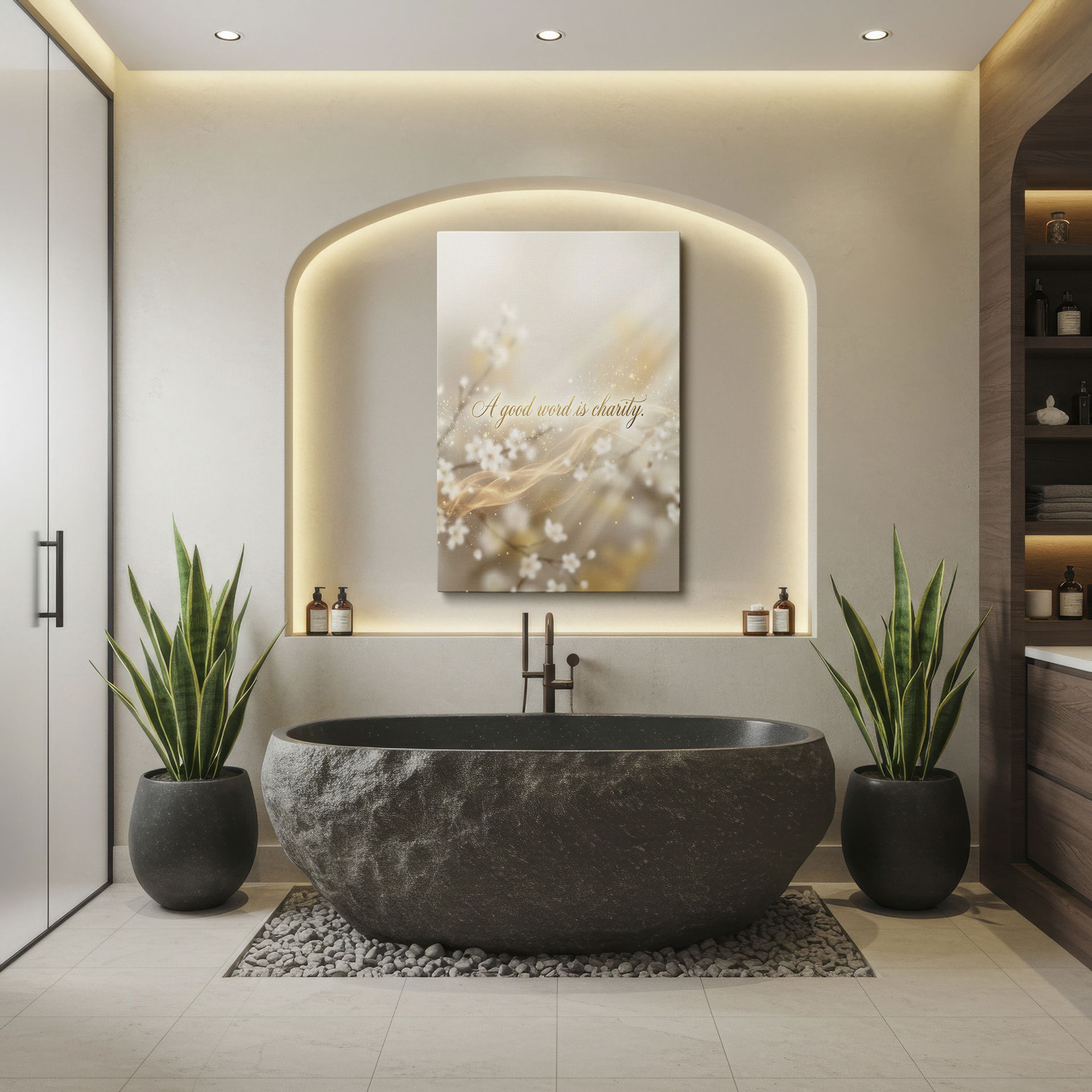 Inspiring wall decor: Delicate flowers frame the golden quote 'A good word is charity'.