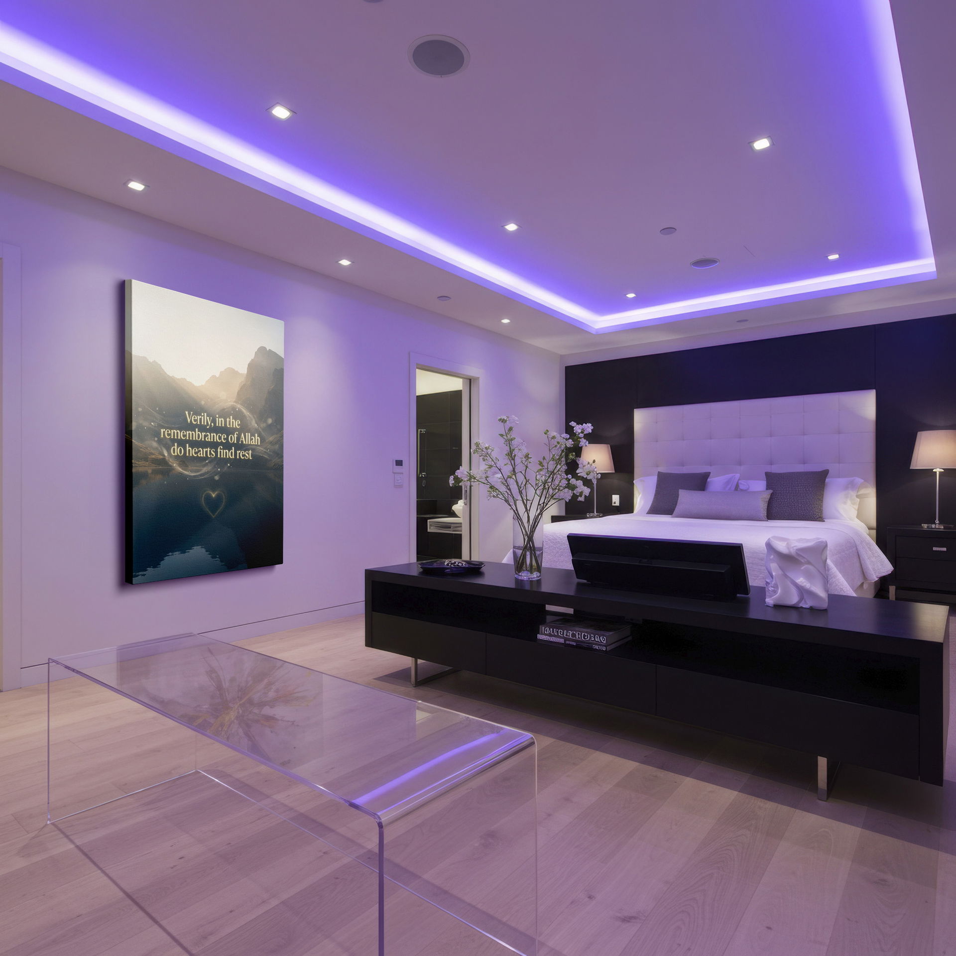 Inspirational Islamic quote wall art displayed over a tranquil lake and mountain vista.