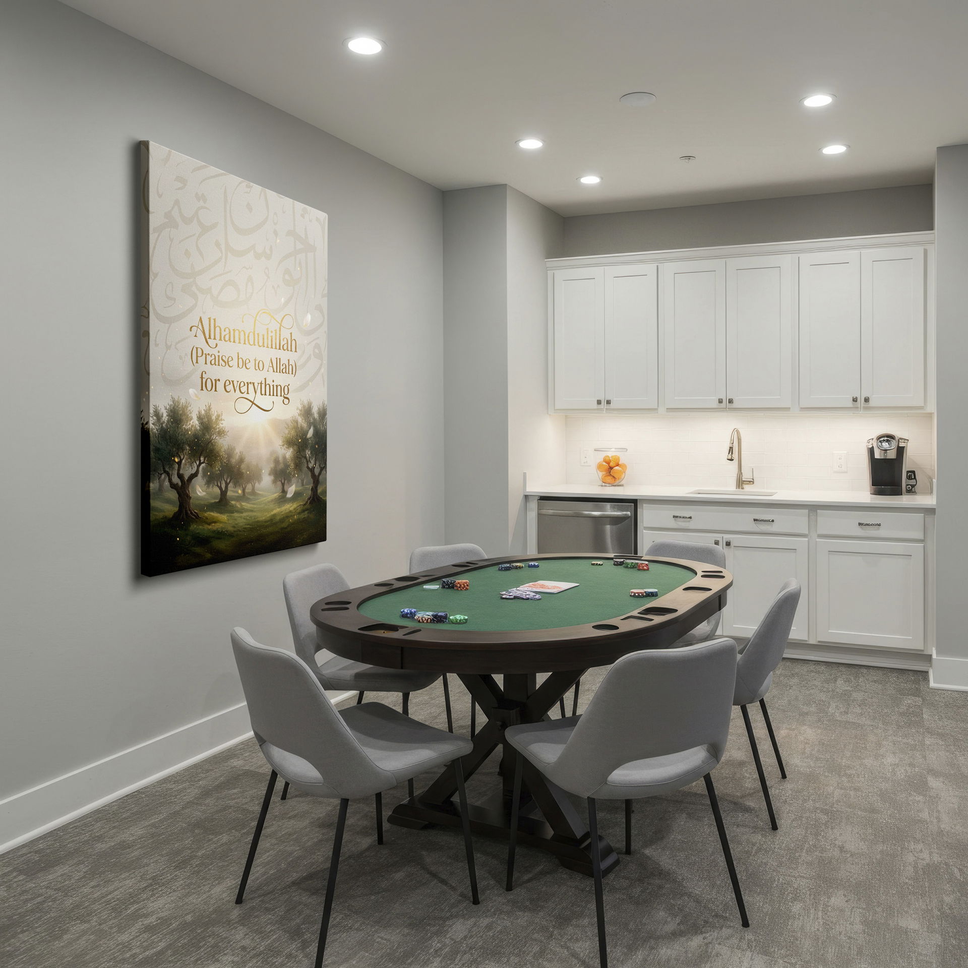 Elegant 'Alhamdulillah' Wrapped Canvas featuring Arabic calligraphy & olive tree landscape in sunlight.