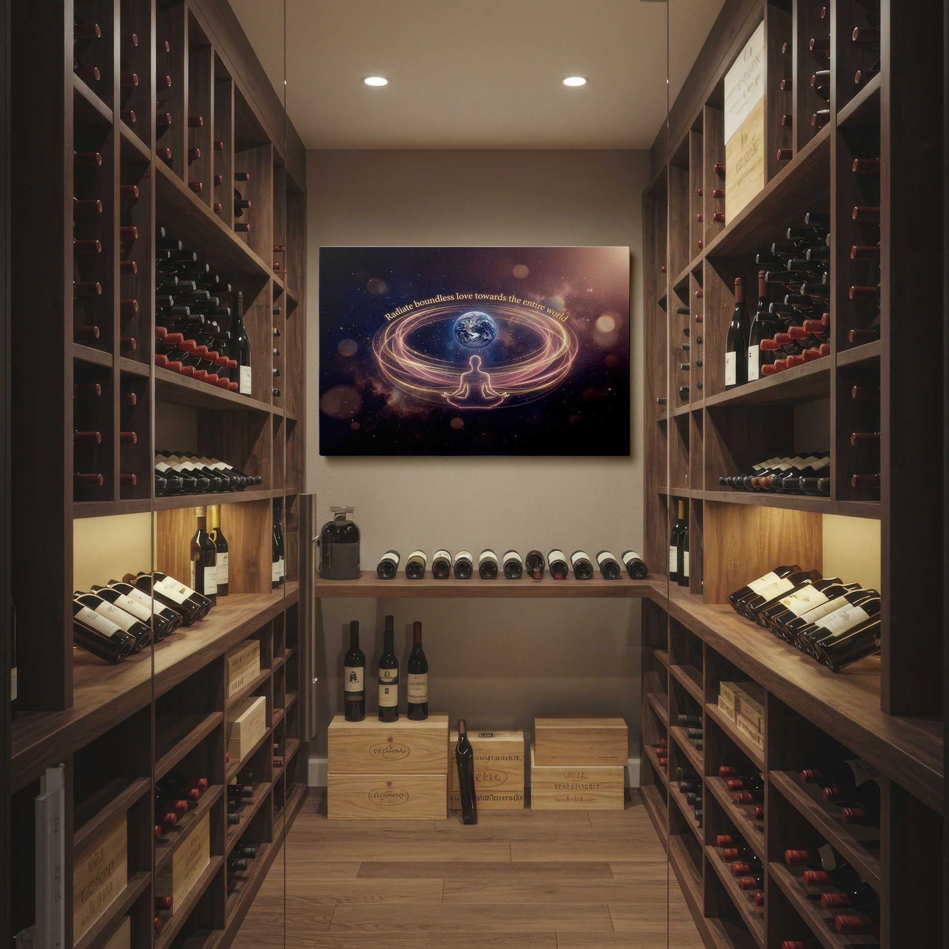 Spiritual Wrapped Canvas: Figure meditating with energy rings around Earth, set against stars.