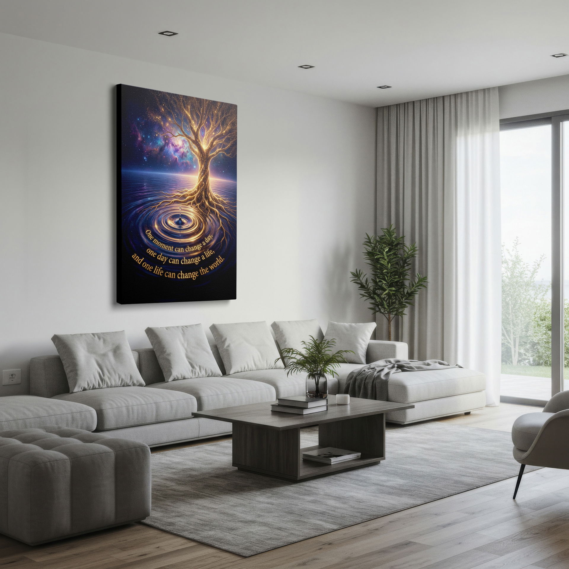 Detailed depiction of a golden tree against a starry background. Perfect piece of wall decor.