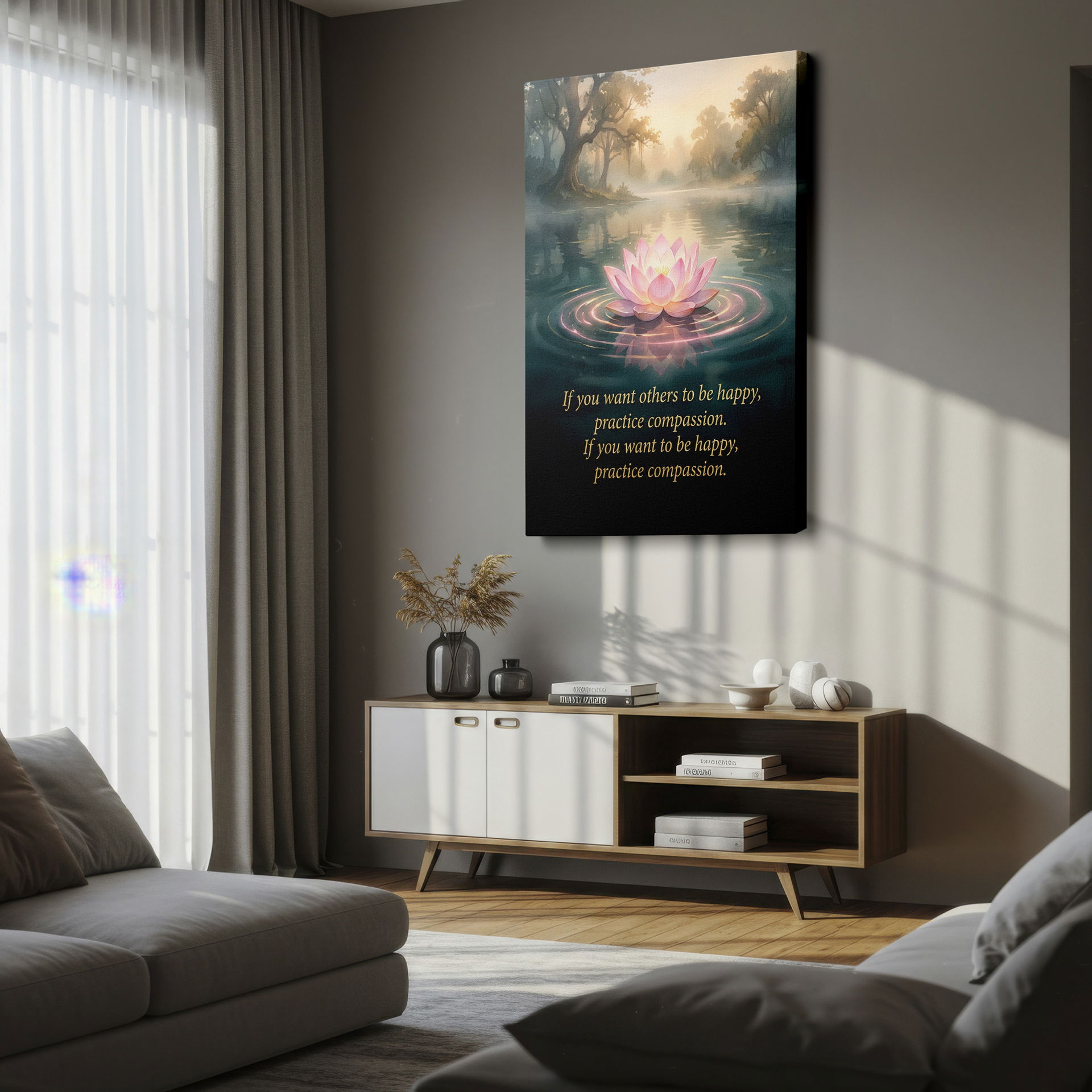 Wrapped Canvas print of a serene lotus flower floating on a still lake at sunrise.