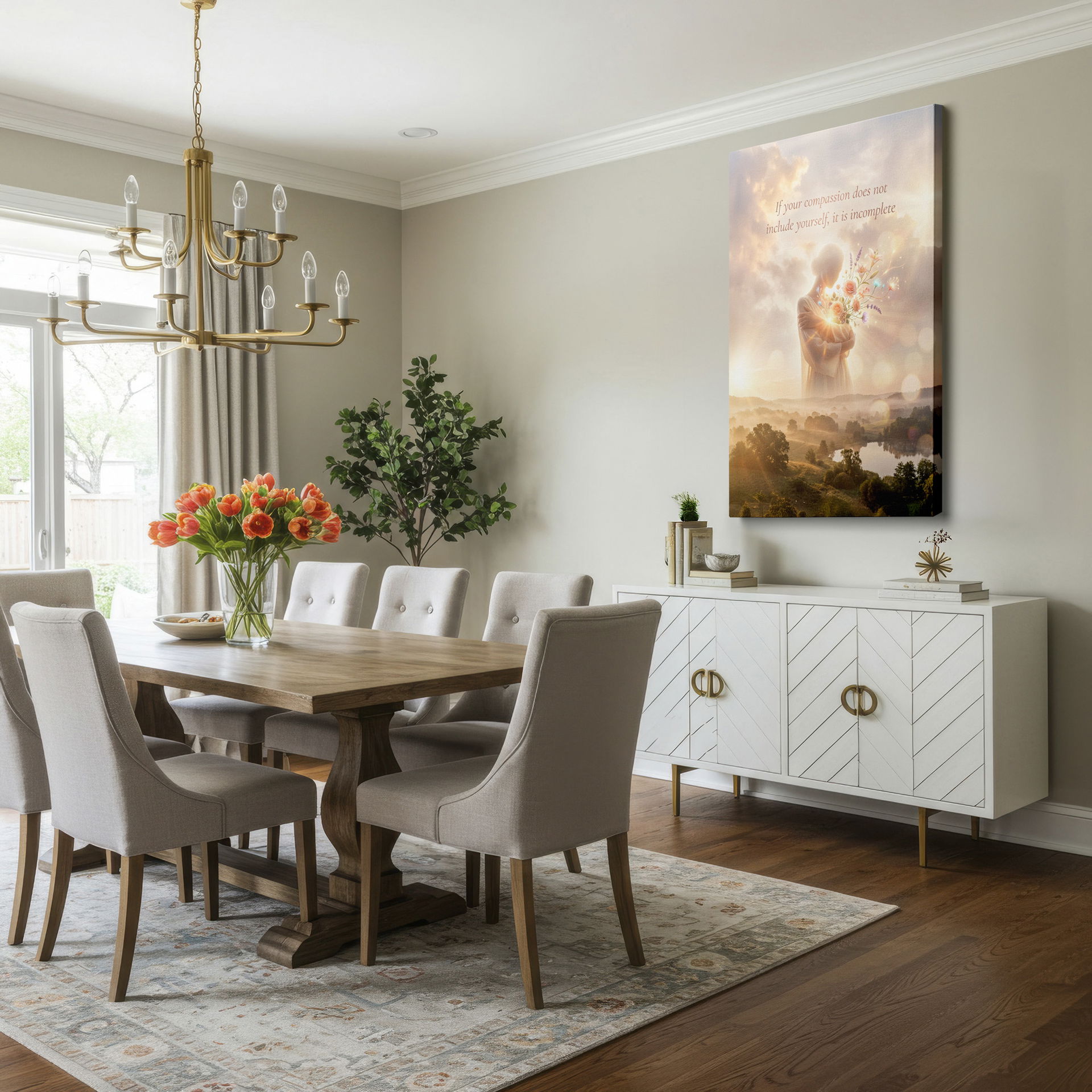 Ethereal Wrapped Canvas featuring a woman holding flowers in a glowing landscape. A compassion message enhances the peaceful ambiance.