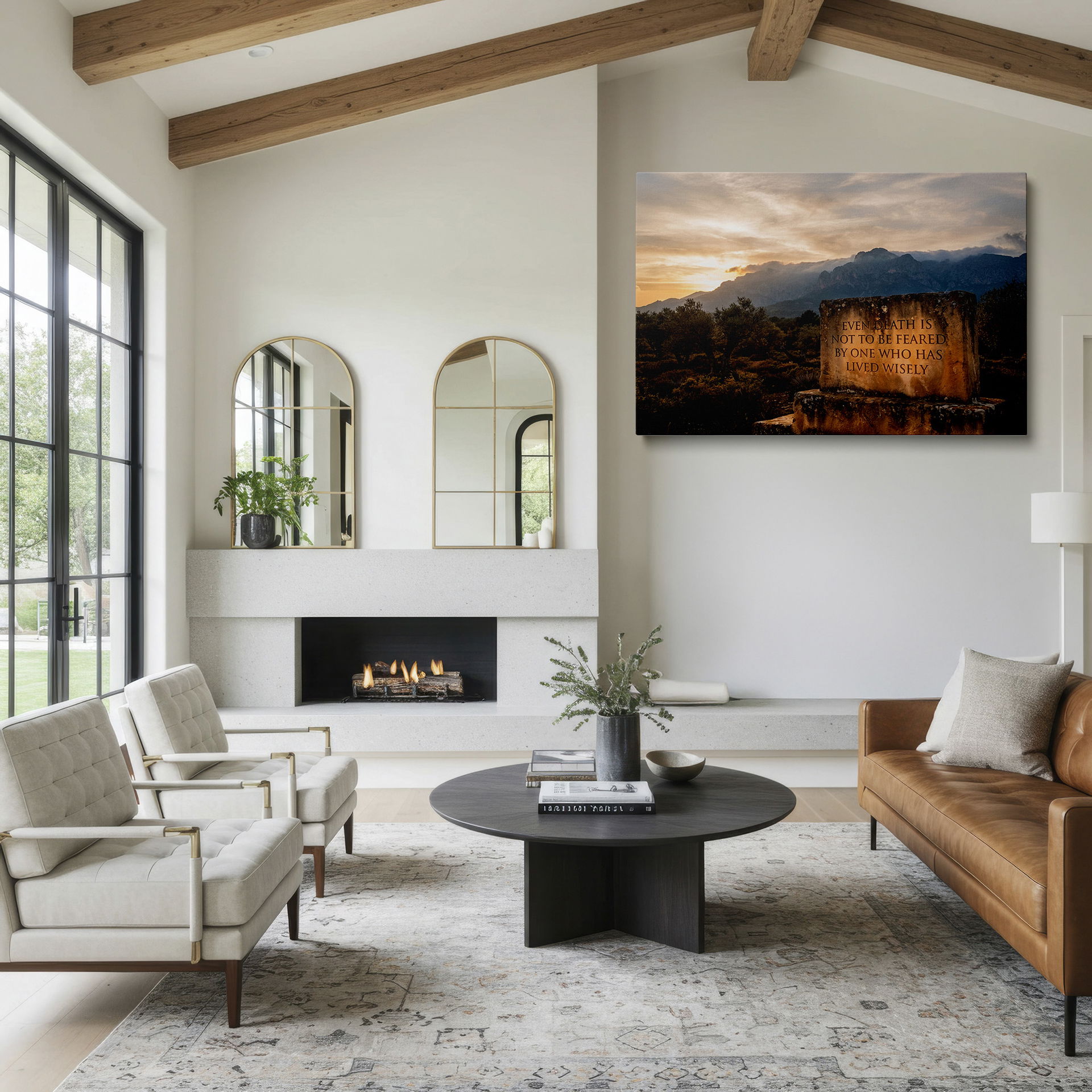 Wrapped Canvas featuring a wise saying about life amidst a serene, natural landscape at sunset.