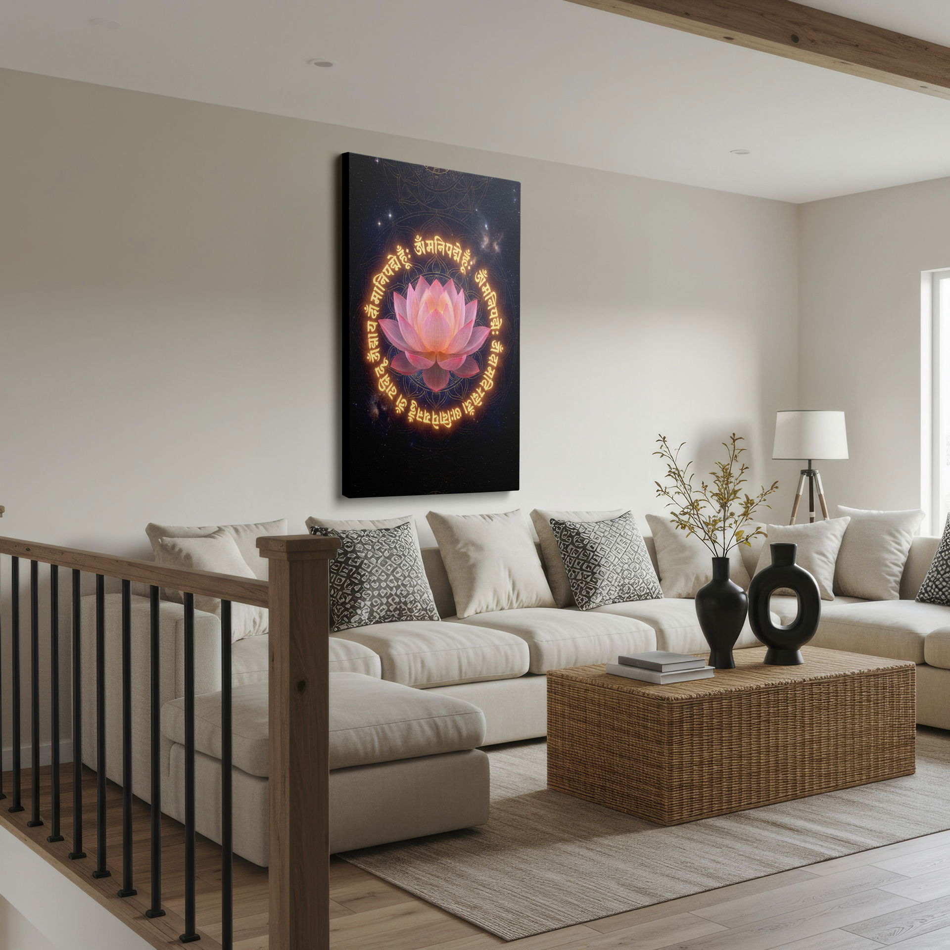 Wrapped Canvas: Lotus with Sanskrit art against a dark sky background.