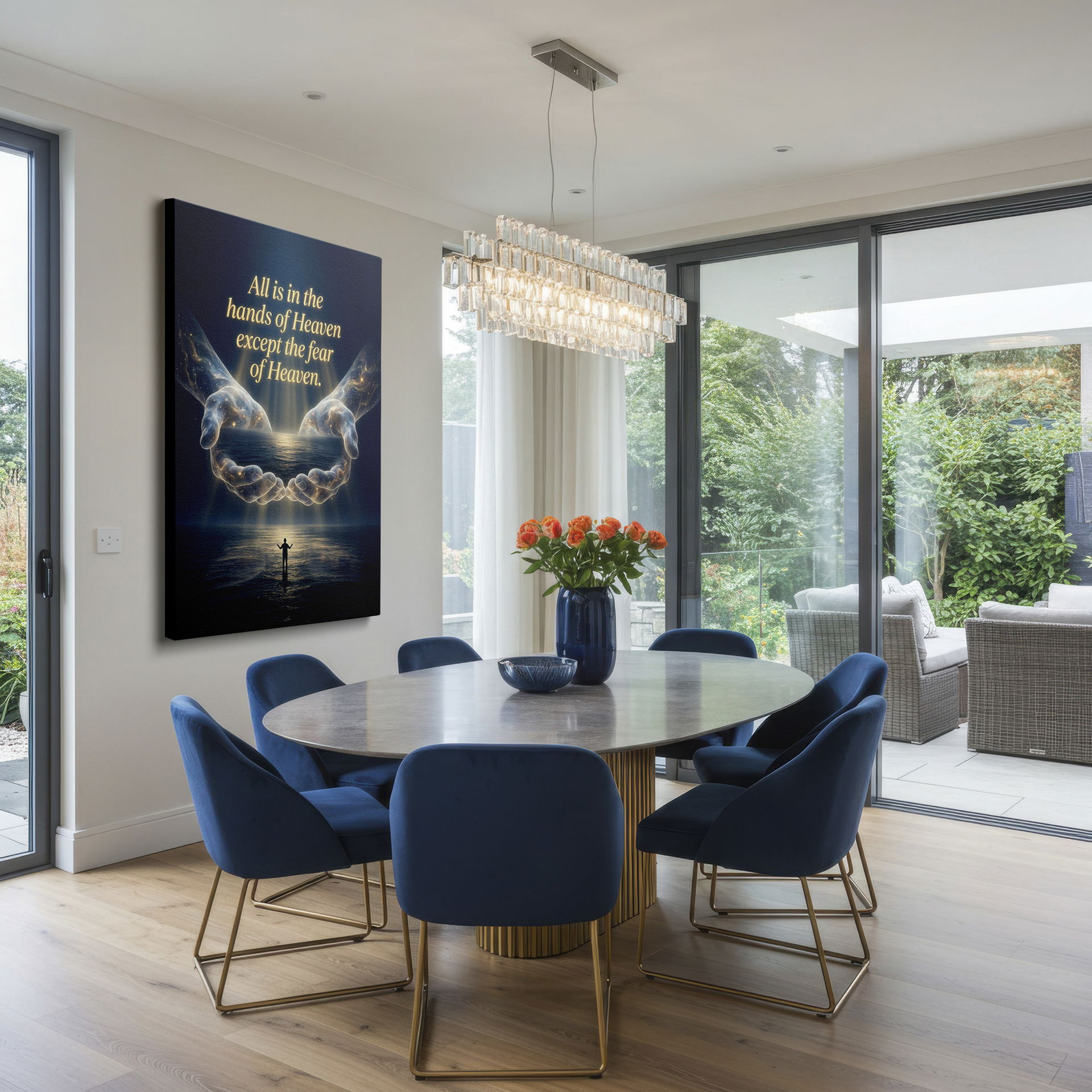 Wrapped Canvas art shows luminous hands holding the ocean above a single figure, promoting calm and reflection.