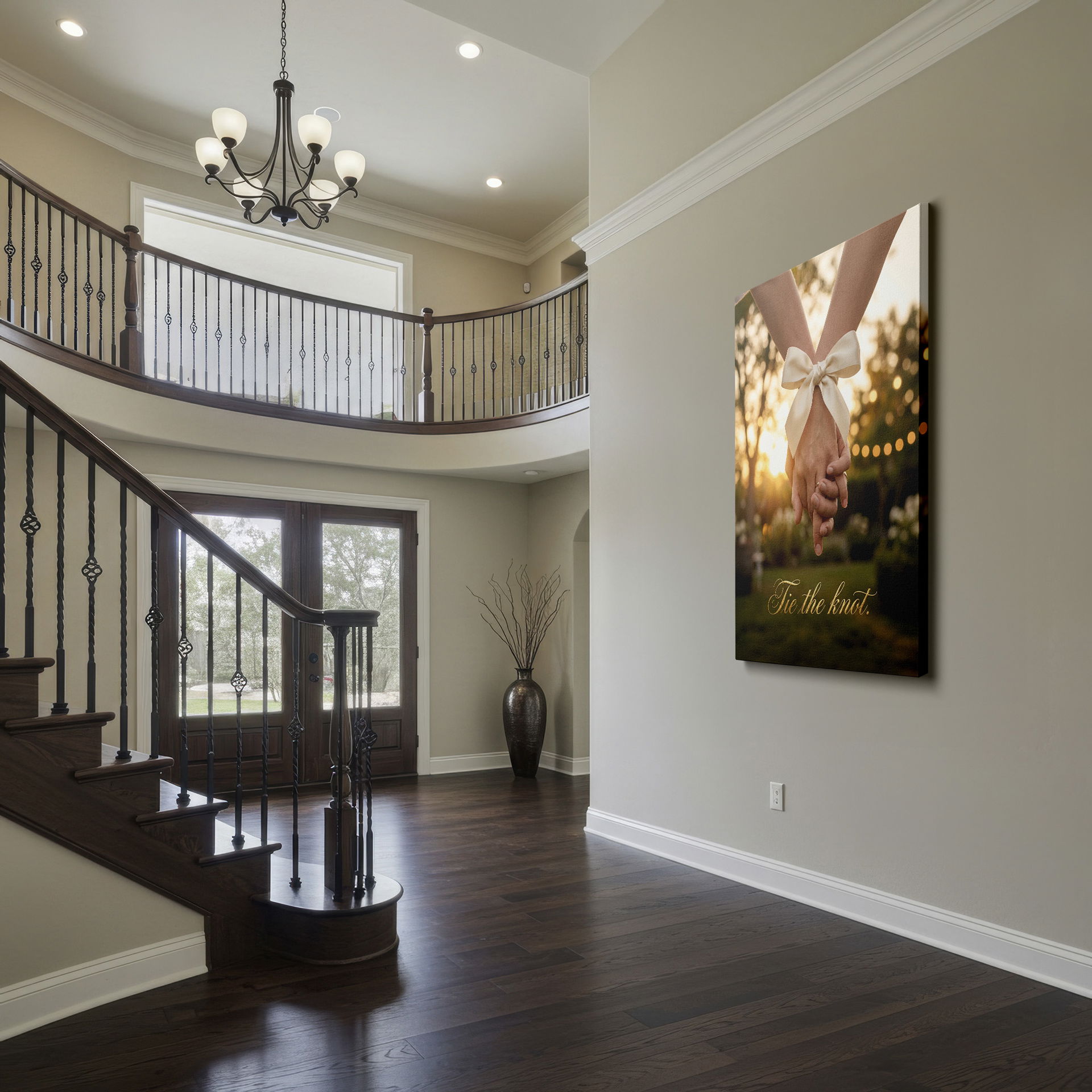 A symbol of love: hands intertwined, adorned with a satin bow, a beautiful wall decor.