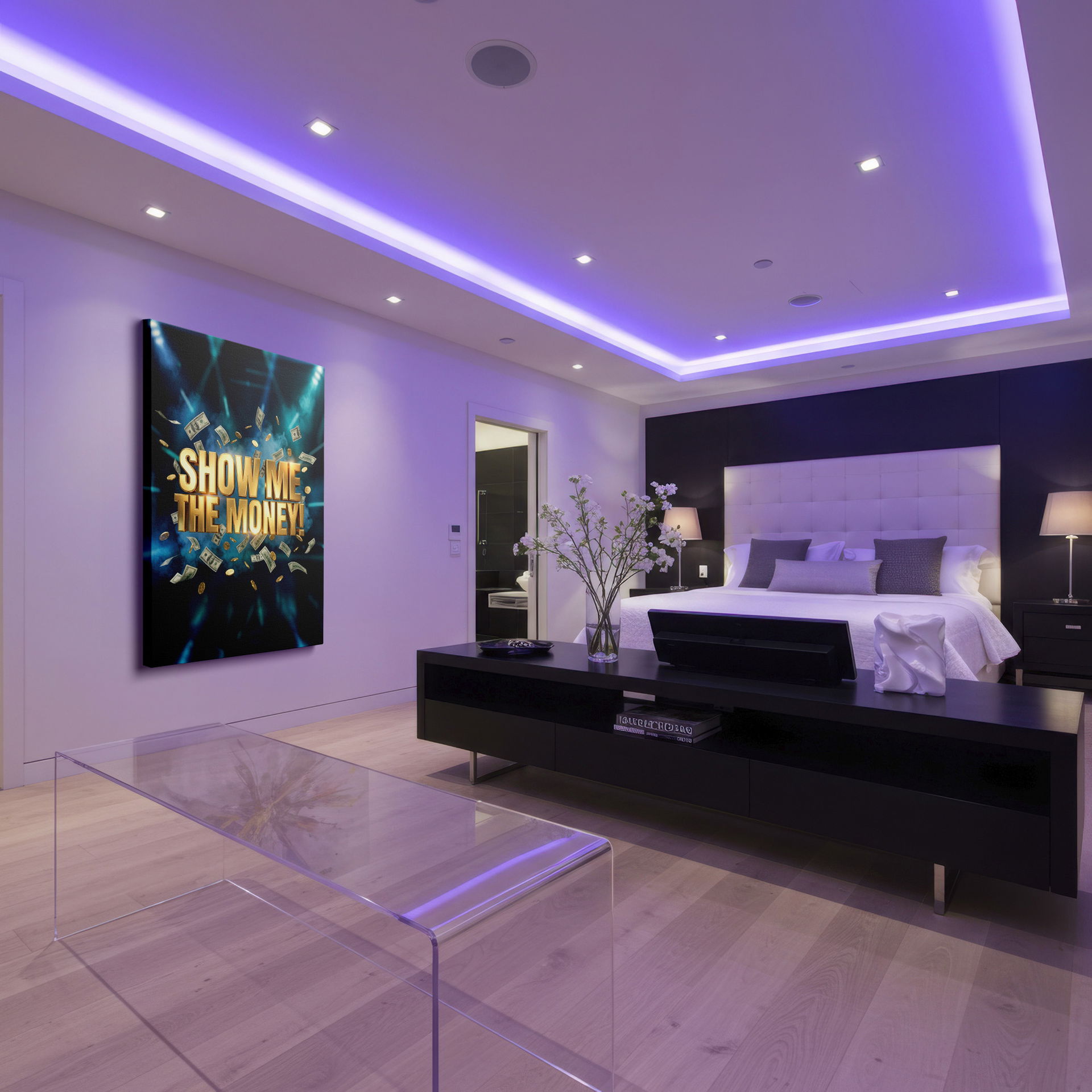 Wrapped Canvas art with bold gold statement 'Show Me The Money!' and money falling.