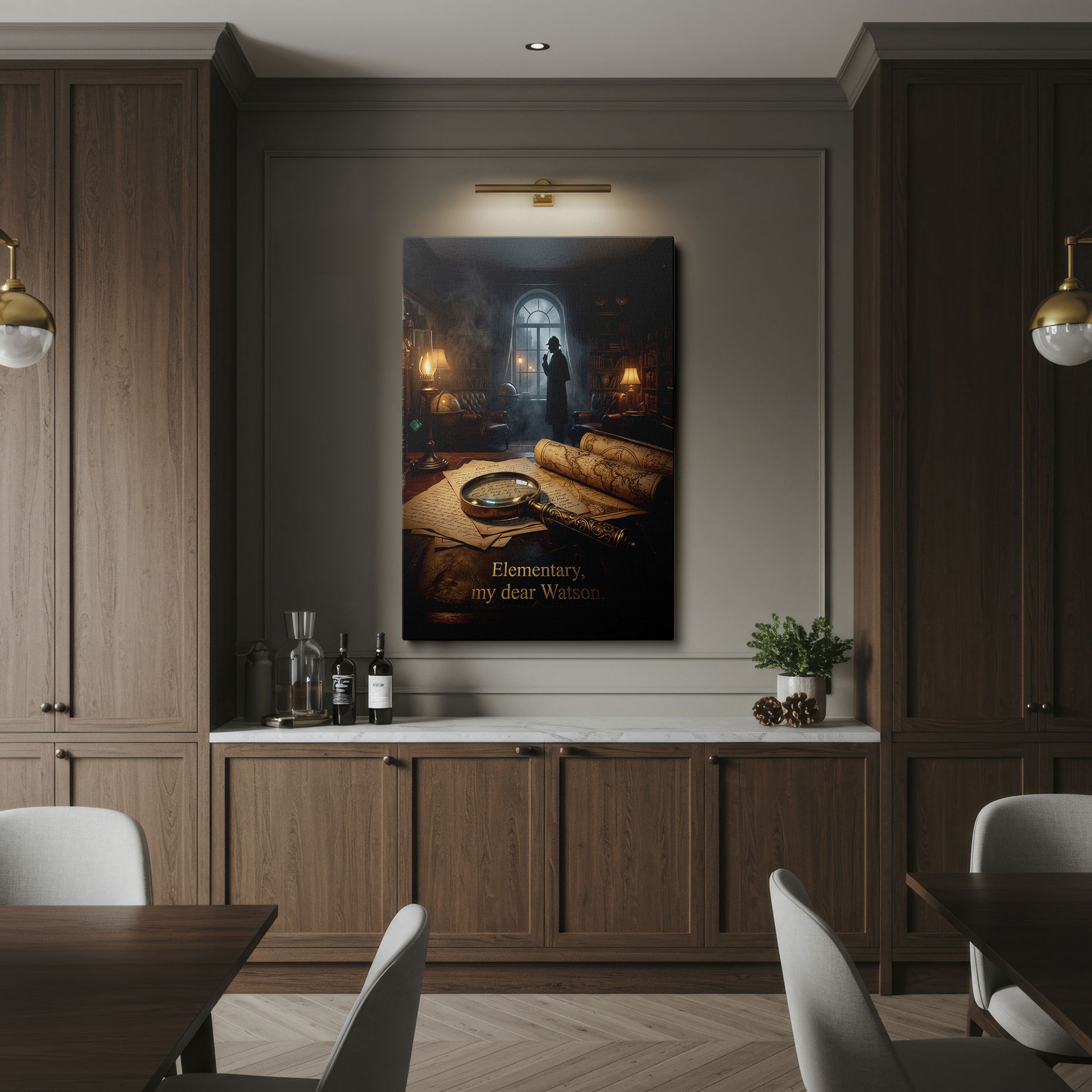 Wrapped Canvas of a vintage study with maps, Sherlock Holmes silhouette, and detective elements.