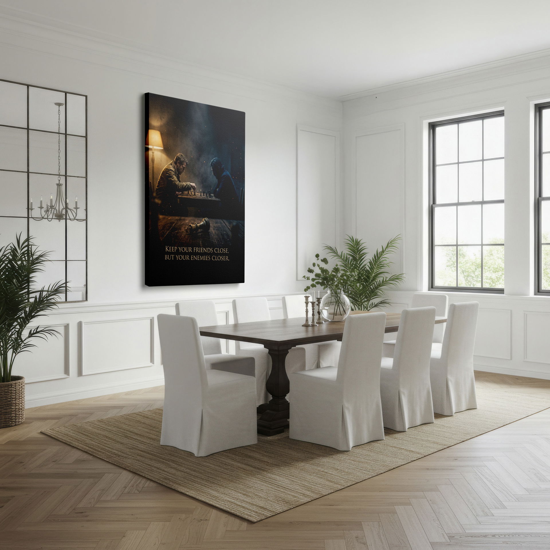 Tense game of chess art, two figures compete with a fallen piece. Strategic quote. Wrapped Canvas print.