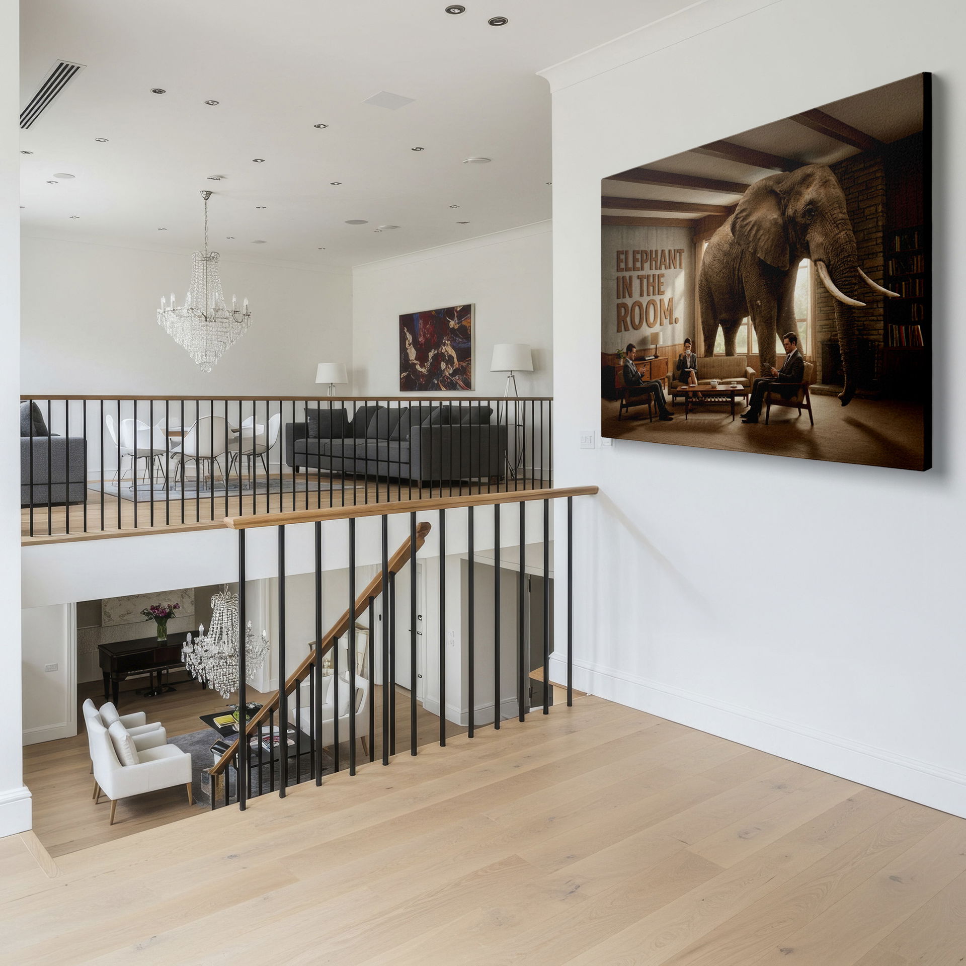 A Wrapped Canvas featuring a surreal scene: people ignoring the elephant in the room, a statement piece for modern homes.