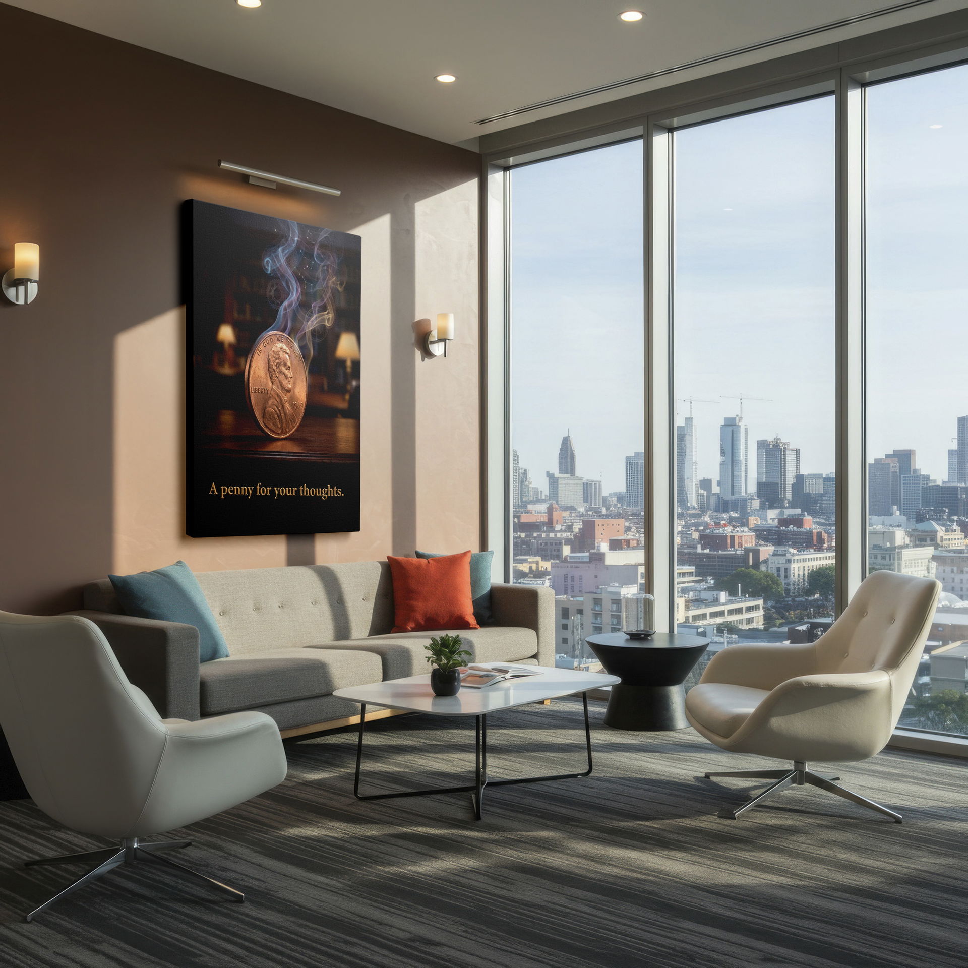 A penny surrounded by smoke and constellations, creating a thought-provoking piece of wall art.