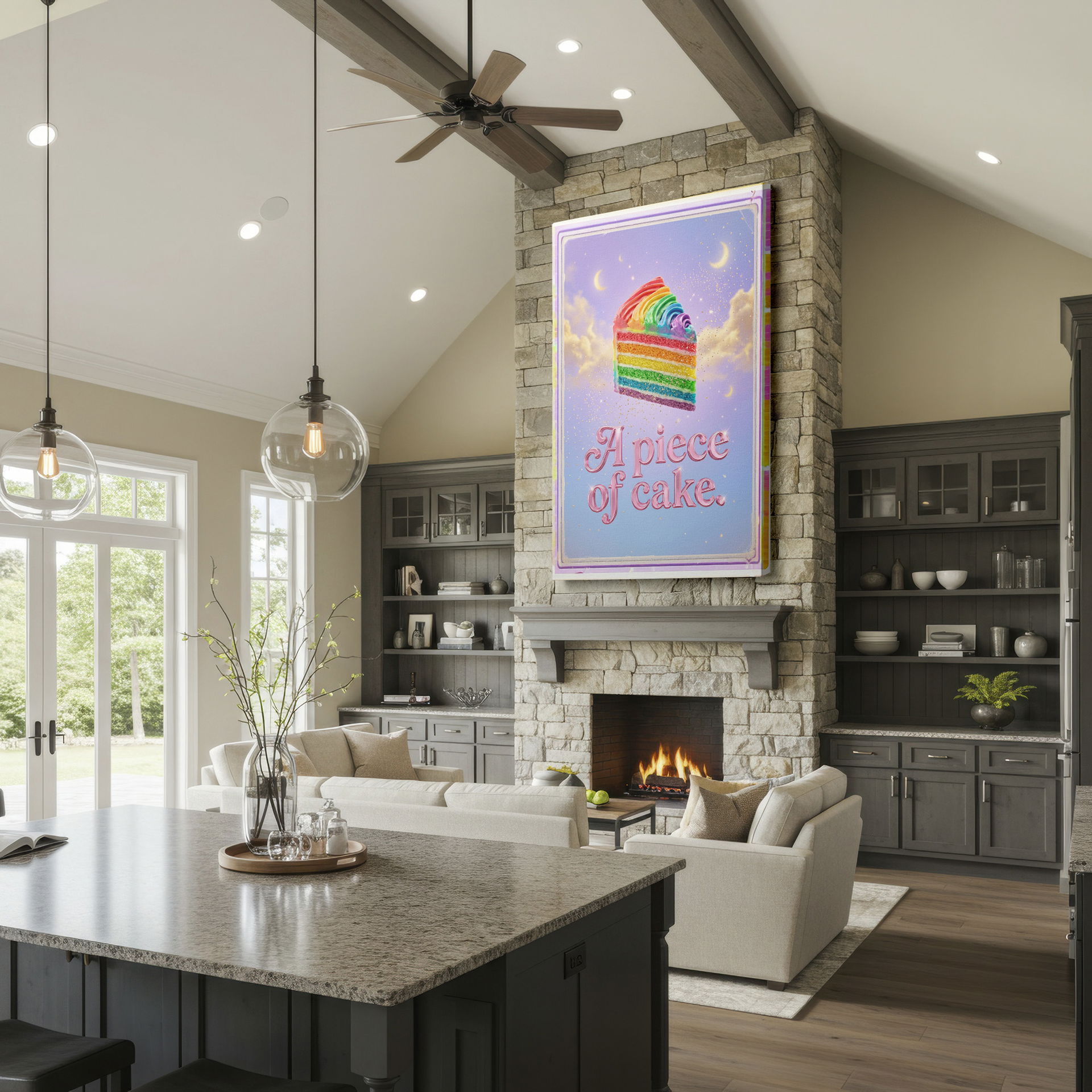 This Wrapped Canvas showcases a vibrant rainbow cake slice, perfect for a sweet-themed kitchen or dining space.