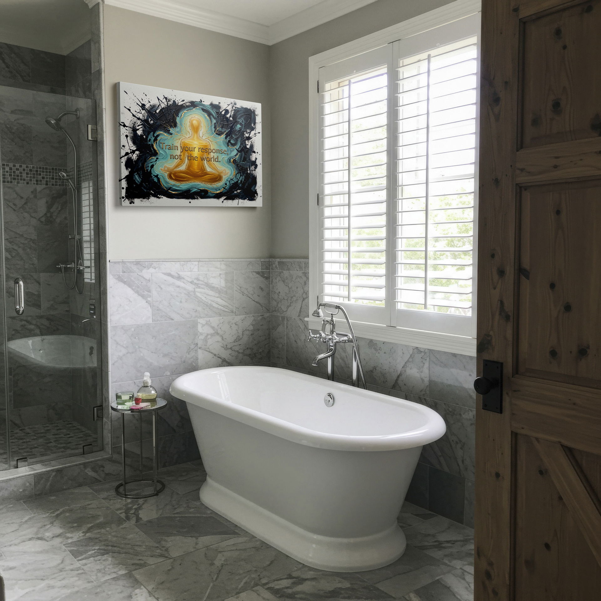 Abstract wall art shows meditating figure, 'Train Your Response' quote, a nice piece of wall decor.