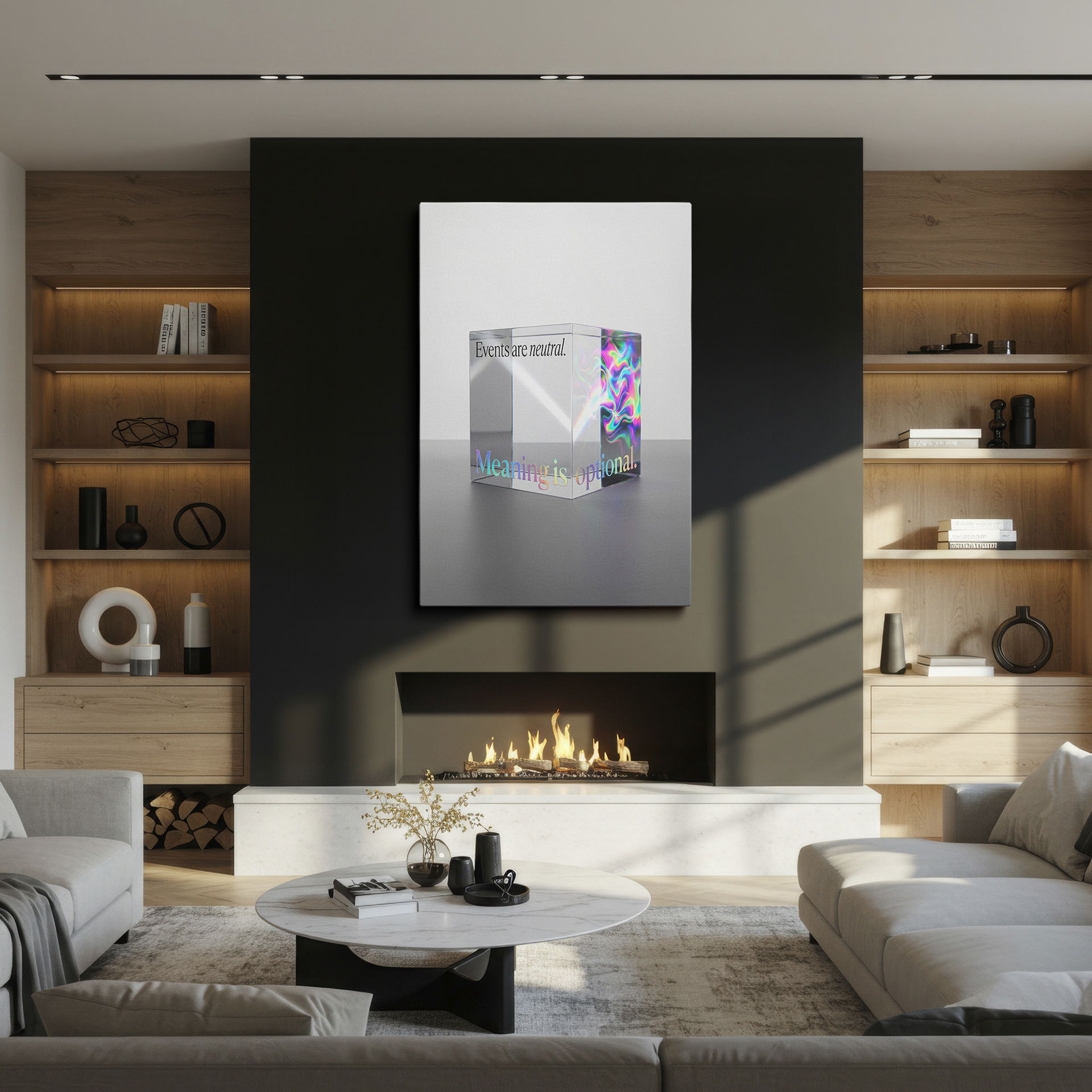 Unique wall decor featuring a clear cube with reflective patterns.