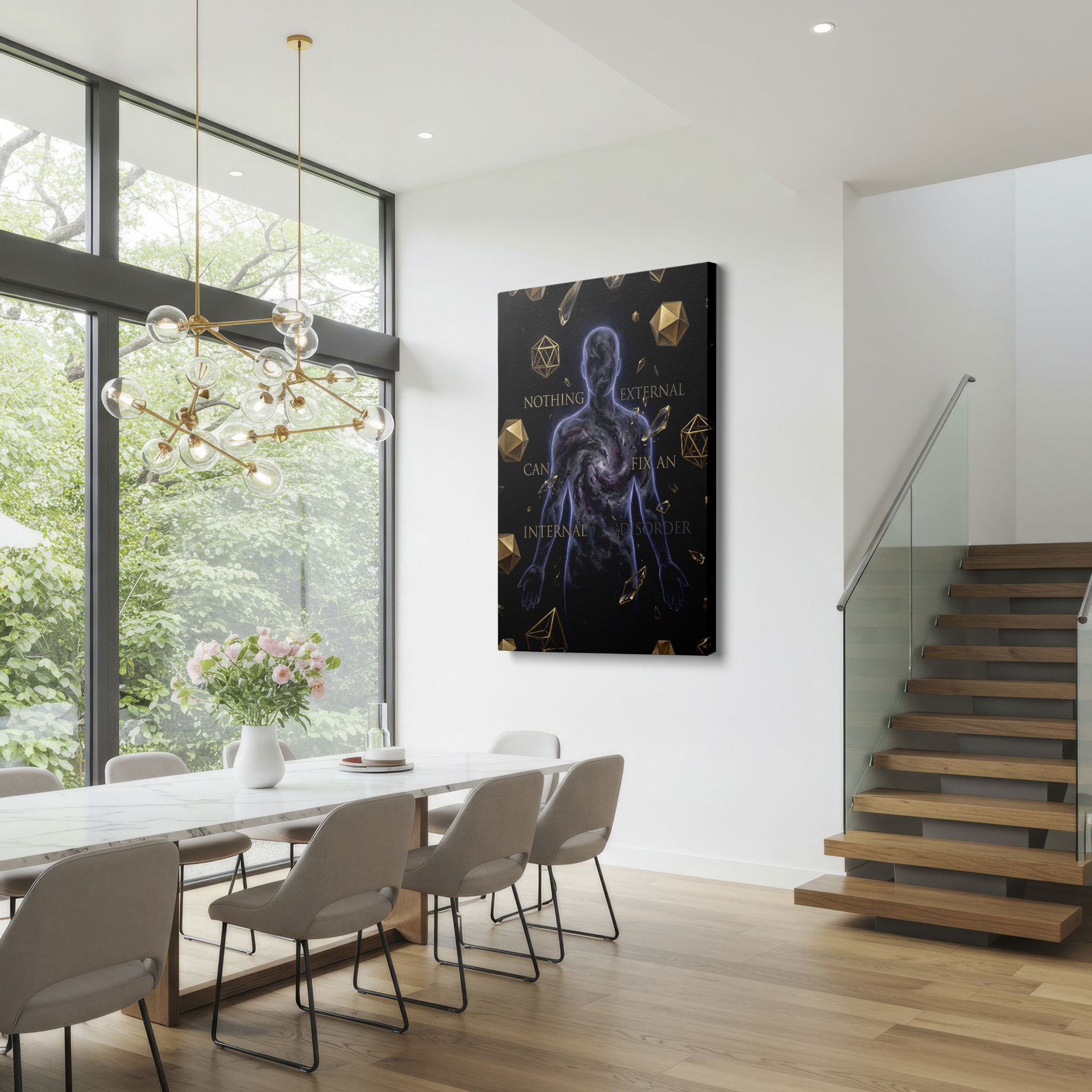 Striking abstract Wrapped Canvas presents a galaxy inside a human form with gold geometric accents.