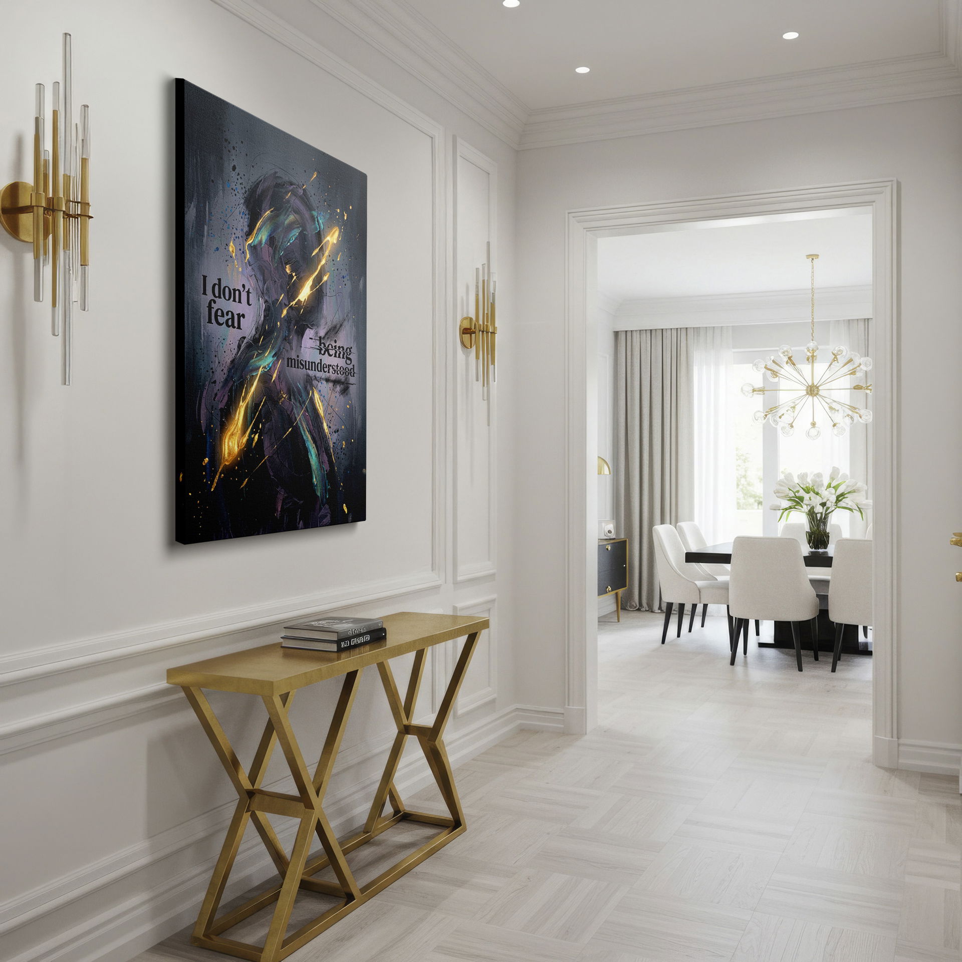 An abstract Wrapped Canvas showcasing textured art, a figure, and a powerful quote.