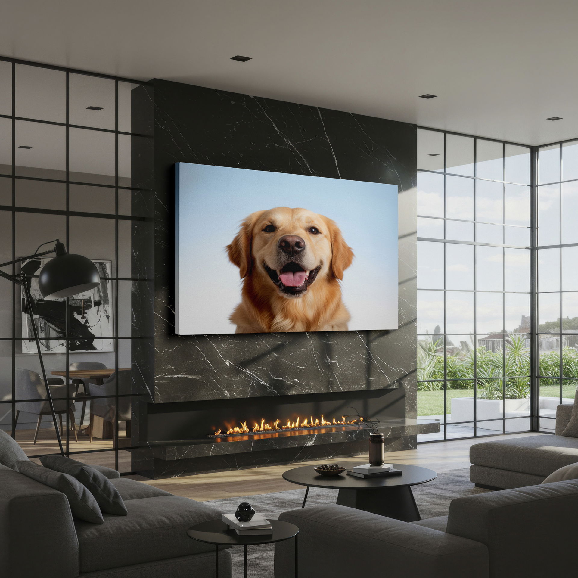 Golden Retriever's friendly face is captured in this close-up canvas wall art, showing its open mouth & eager expression.